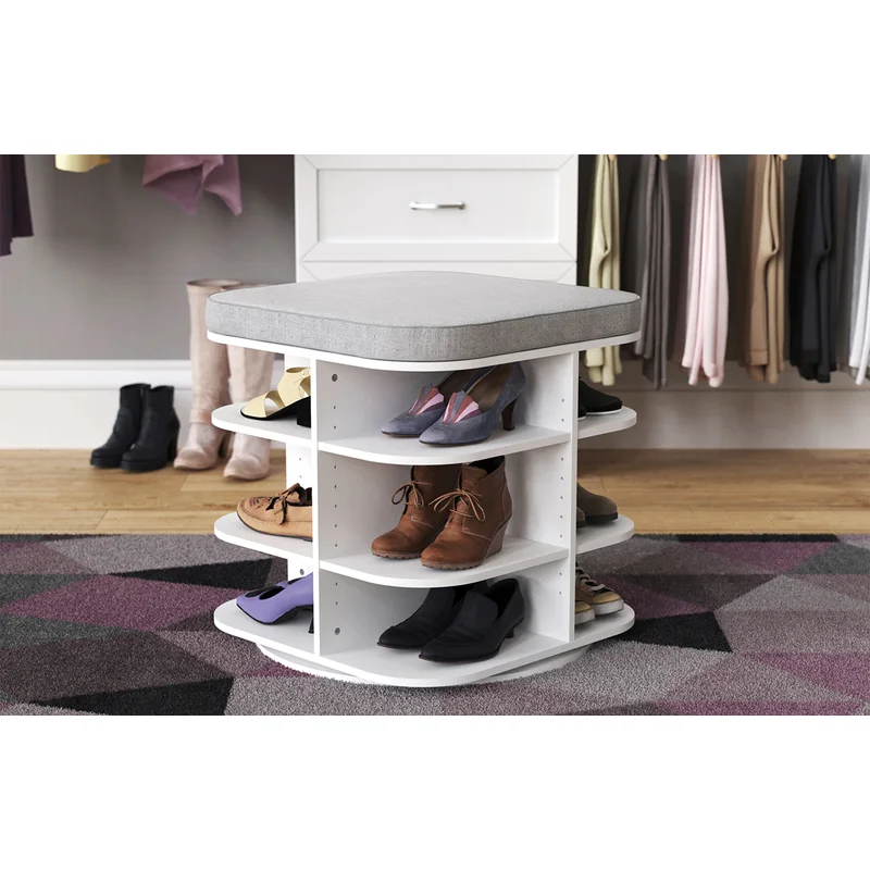 ClosetMaid Shoe Storage Bench Ottoman. Rotating with Gray Cushion. Adjustable. White Finish