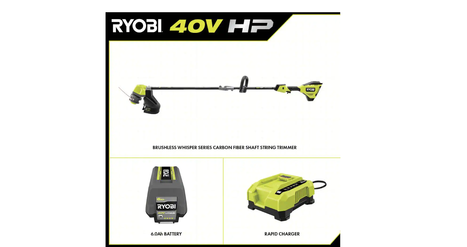 RYOBI RY402110VNM 40V HP Brushless Whisper Series 17 in. Cordless Battery Carbon Fiber Shaft String Trimmer w/ 6.0 Ah Battery & Charger