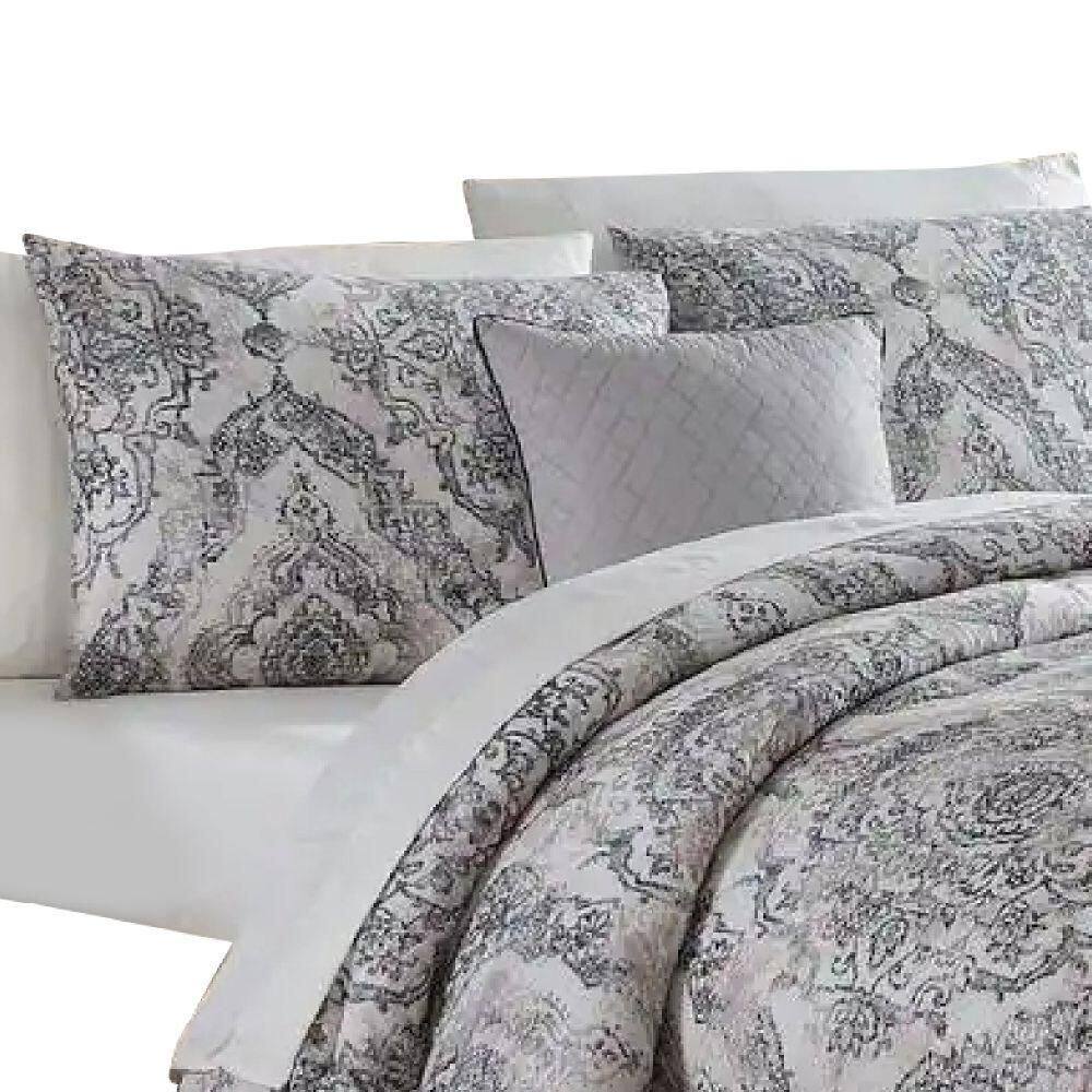 Benjara  Lance 8- Piece White and Gray Damask Print Microfiber Queen Bed Comforter Set