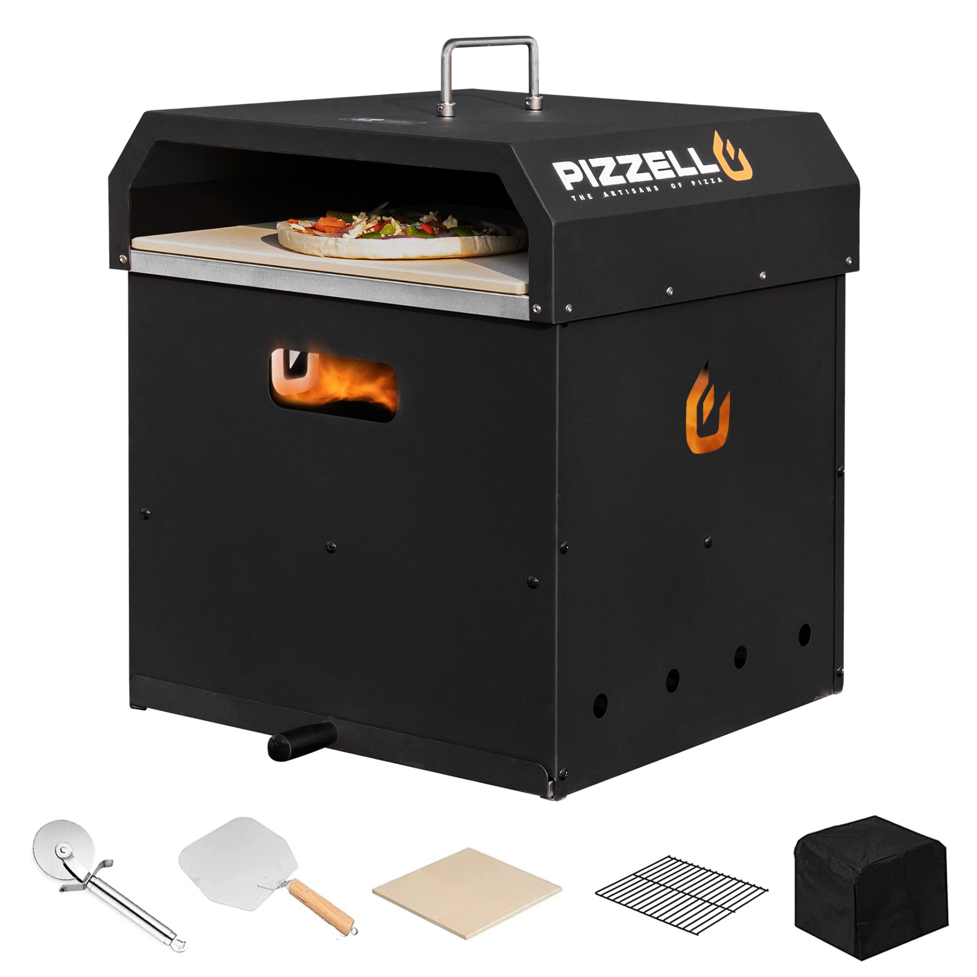 PIZZELLO Pizza Oven Bbq Wood Pellets 16″ Outdoor Pizza Ovens with Pizza Stone. Pizza Peel. Pizza Cutter. Cover. Cooking Grill Grate - Black