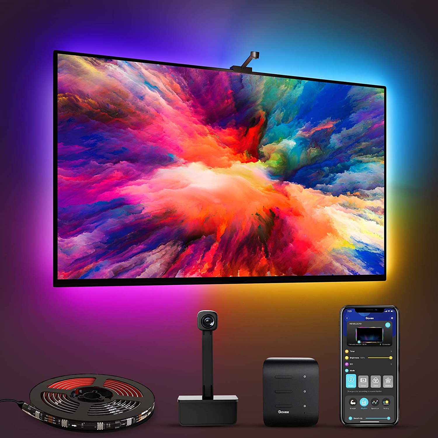 Govee Envisual TV LED Backlights with Camera. DreamView T1 RGBIC Wi-Fi TV Backlights for 55-65 inch TVs PC. Works with Alexa & Google Assistant. App Control. Music Sync TV Lights. Adapter. H6199