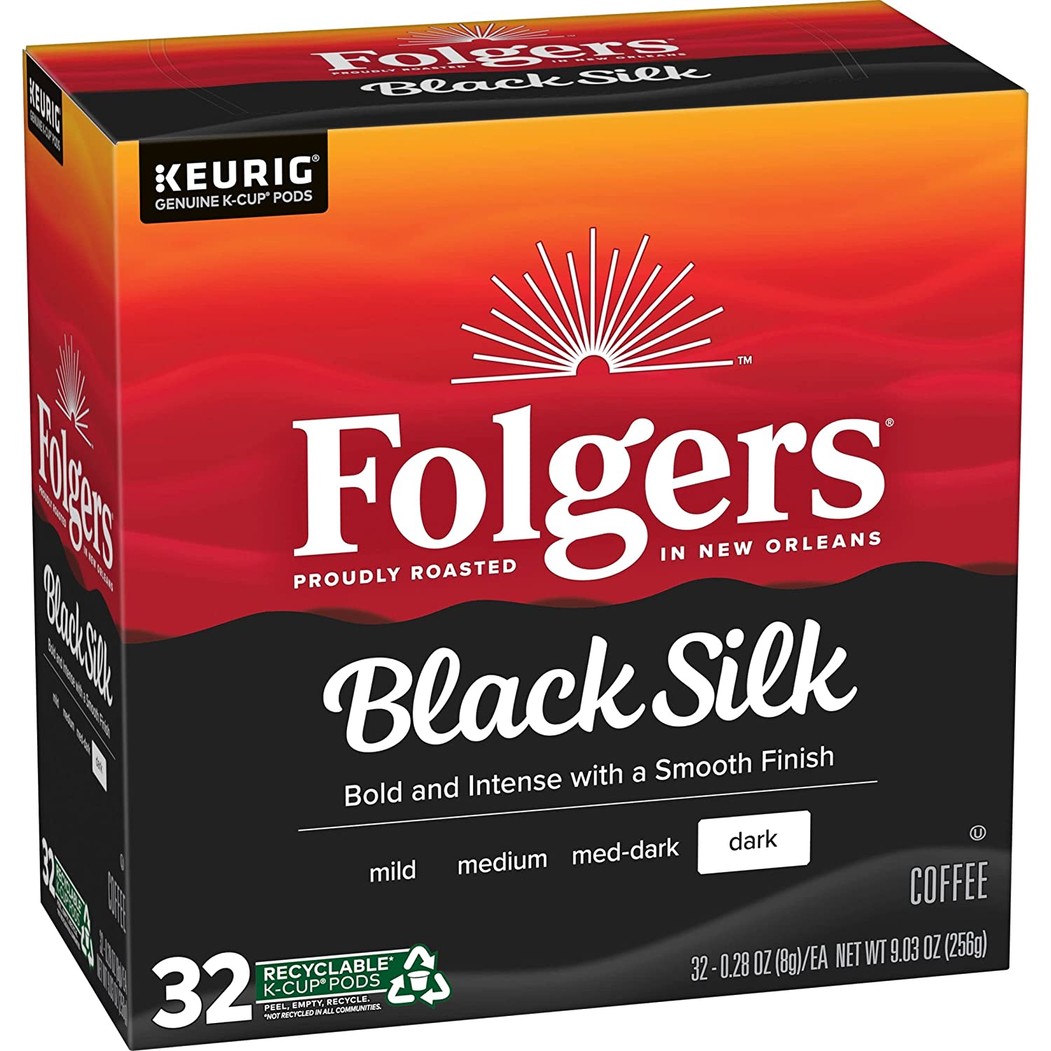 Folgers Black Silk Dark Roast Coffee. 128 Keurig K-Cup Pods. 32 Count (Pack of 4)