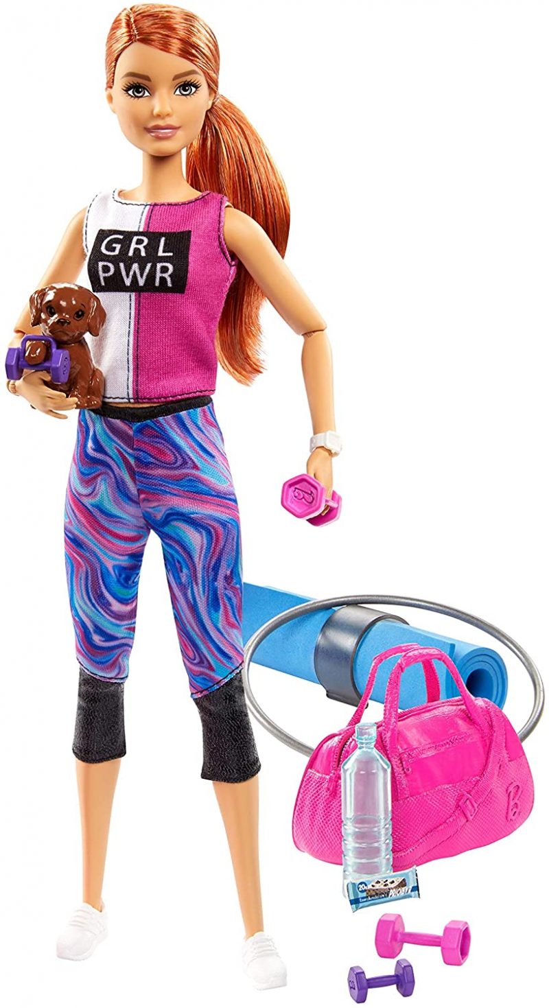 Barbie Fitness Doll. Red-Haired. with Puppy and 9 Accessories