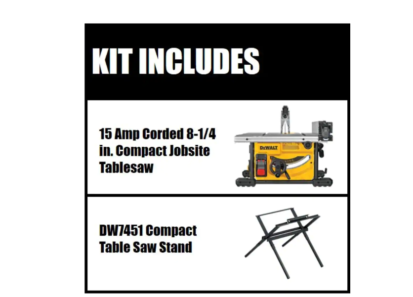 DEWALT Table saw DWE7485 15 Amp Corded 8-1/4 in. with Compact Table Saw DW7451Stand