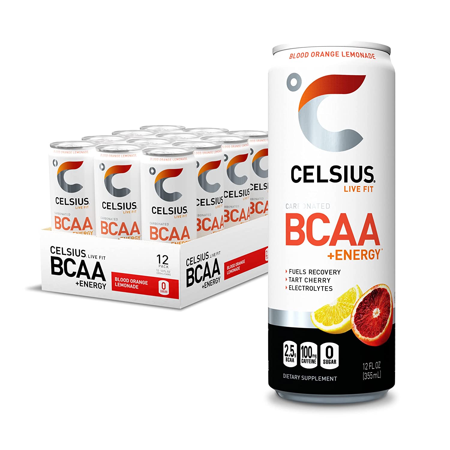 CELSIUS BCAA +Energy Sparkling Post-Workout Recovery & Hydration Drink. Slim Can. Blood Orange Lemonade. 12oz (Pack of 12). 144 Fl Oz