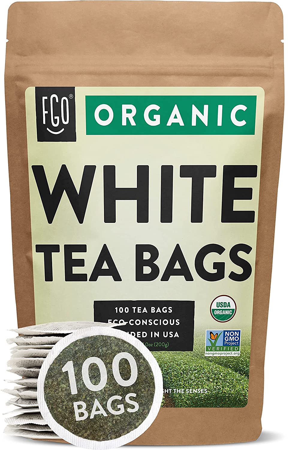 FGO Organic White Tea Bags 100 Tea Bags Eco-Conscious Tea Bags in Kraft Bag Raw from China