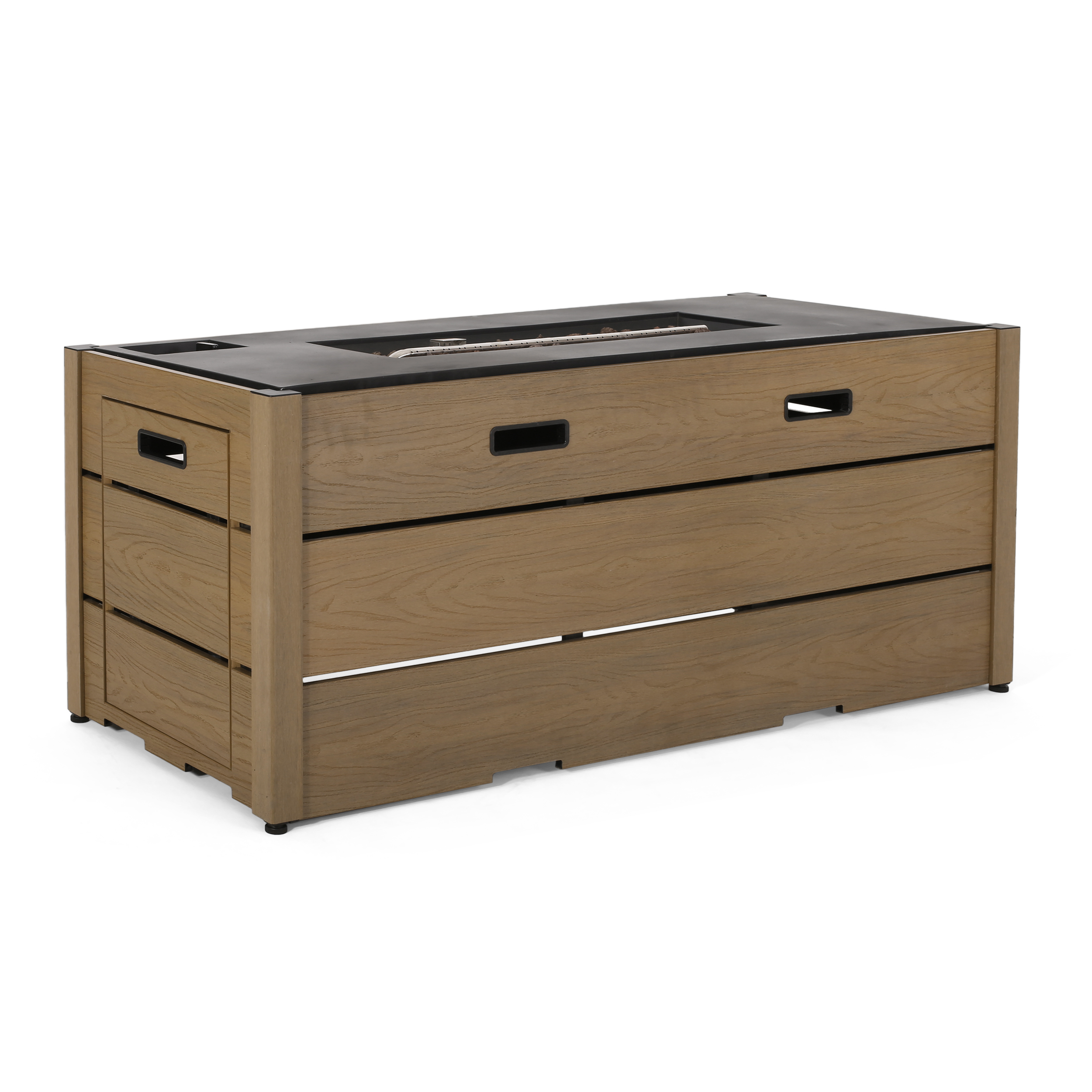 Noble House Camak Wood Resin Outdoor 55″ Rectangular Fire Pit - 40.000 BTU. Brown