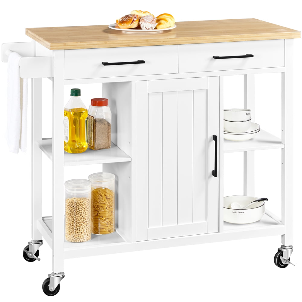 SmileMart Rolling Kitchen Storage Trolley Cart with Cabinet. Drawers and Towel Bar. White