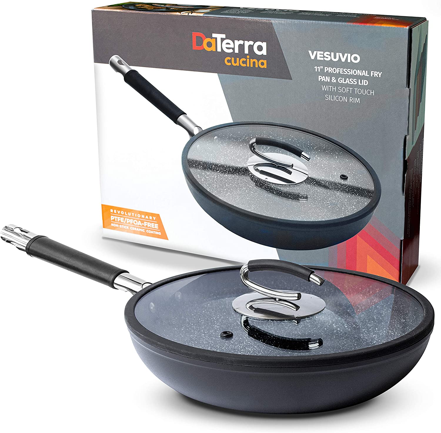 Professional 11 Inch Nonstick Frying Pan with Lid | Italian Made Ceramic Nonstick Pan by DaTerra Cucina | Sauté Pan. Chefs Pan. Non Stick Skillet Pan for Cooking. Sizzling. Searing. Baking and More