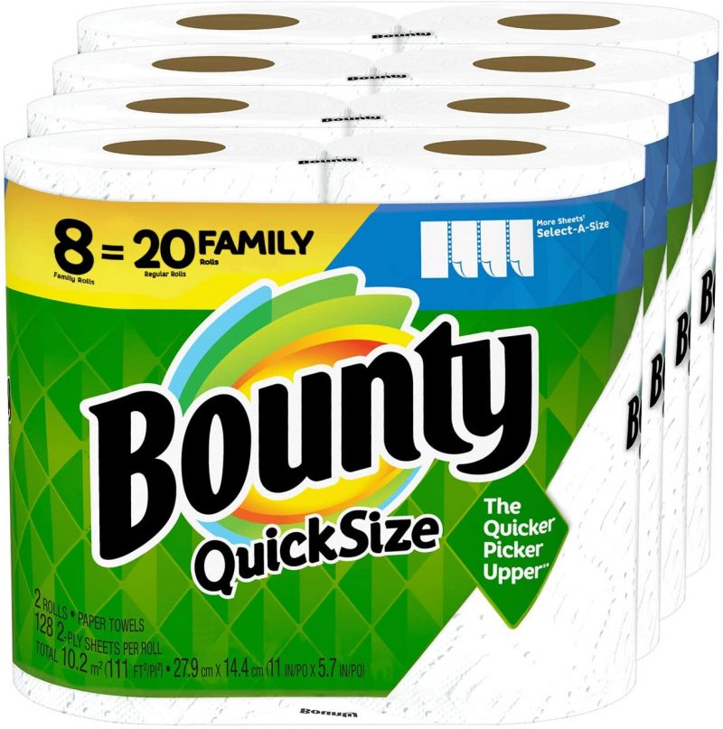 Bounty Quick-Size Paper Towels. White. 8 Family Rolls = 20 Regular Rolls
