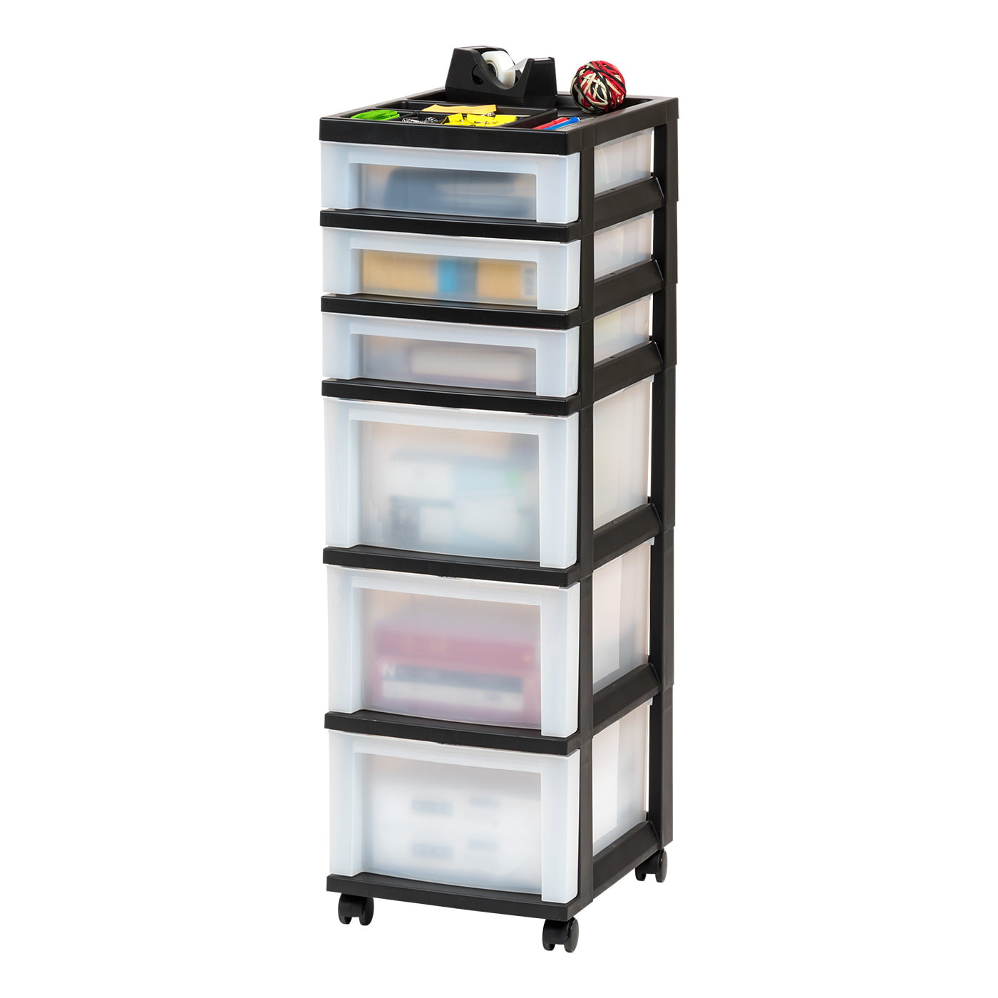 IRIS Black 6-Drawer Storage Cart With Organizer Top & Wheels. Adult. Black/Pearl
