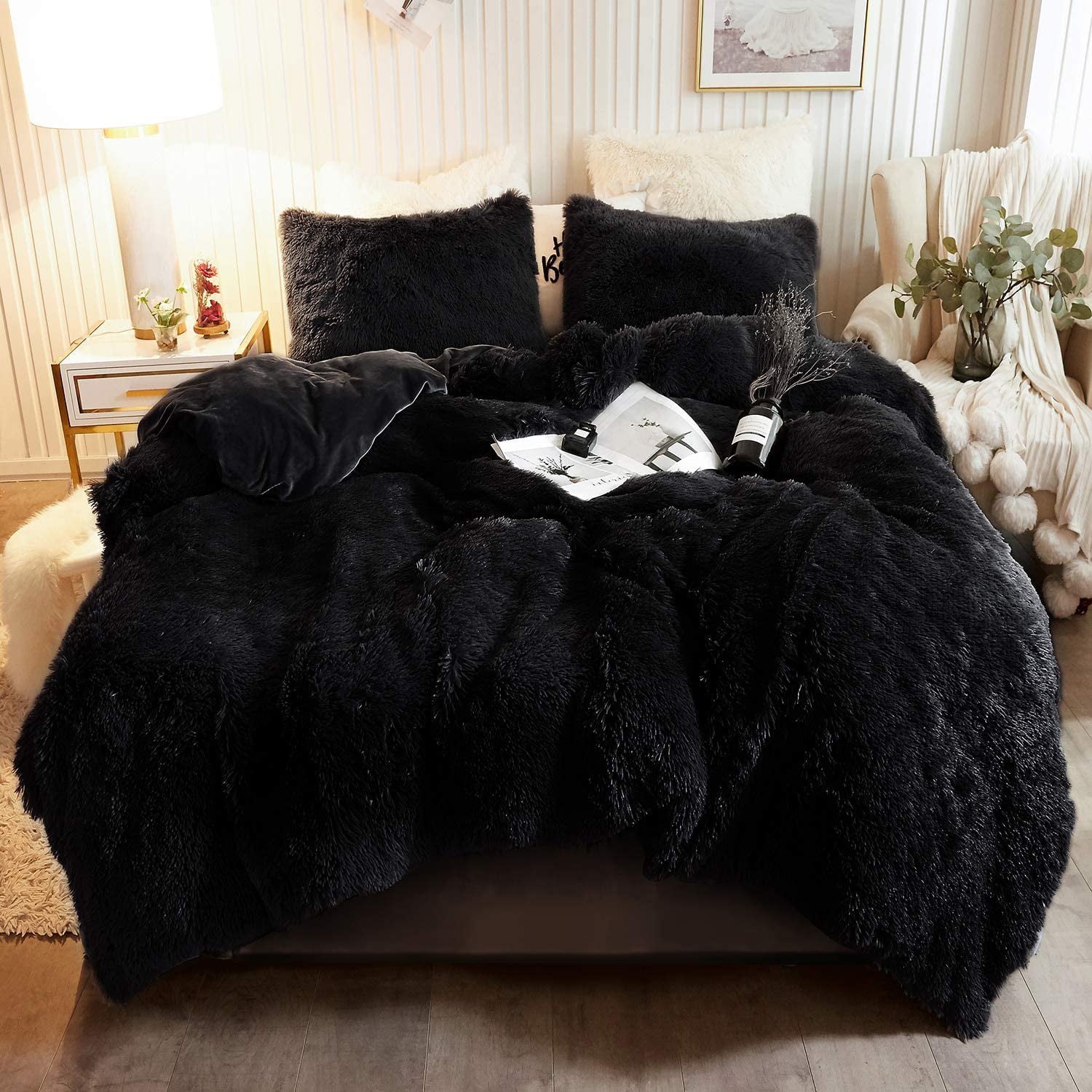 XeGe 3 Pieces Furry Plush Duvet Cover Set. Black