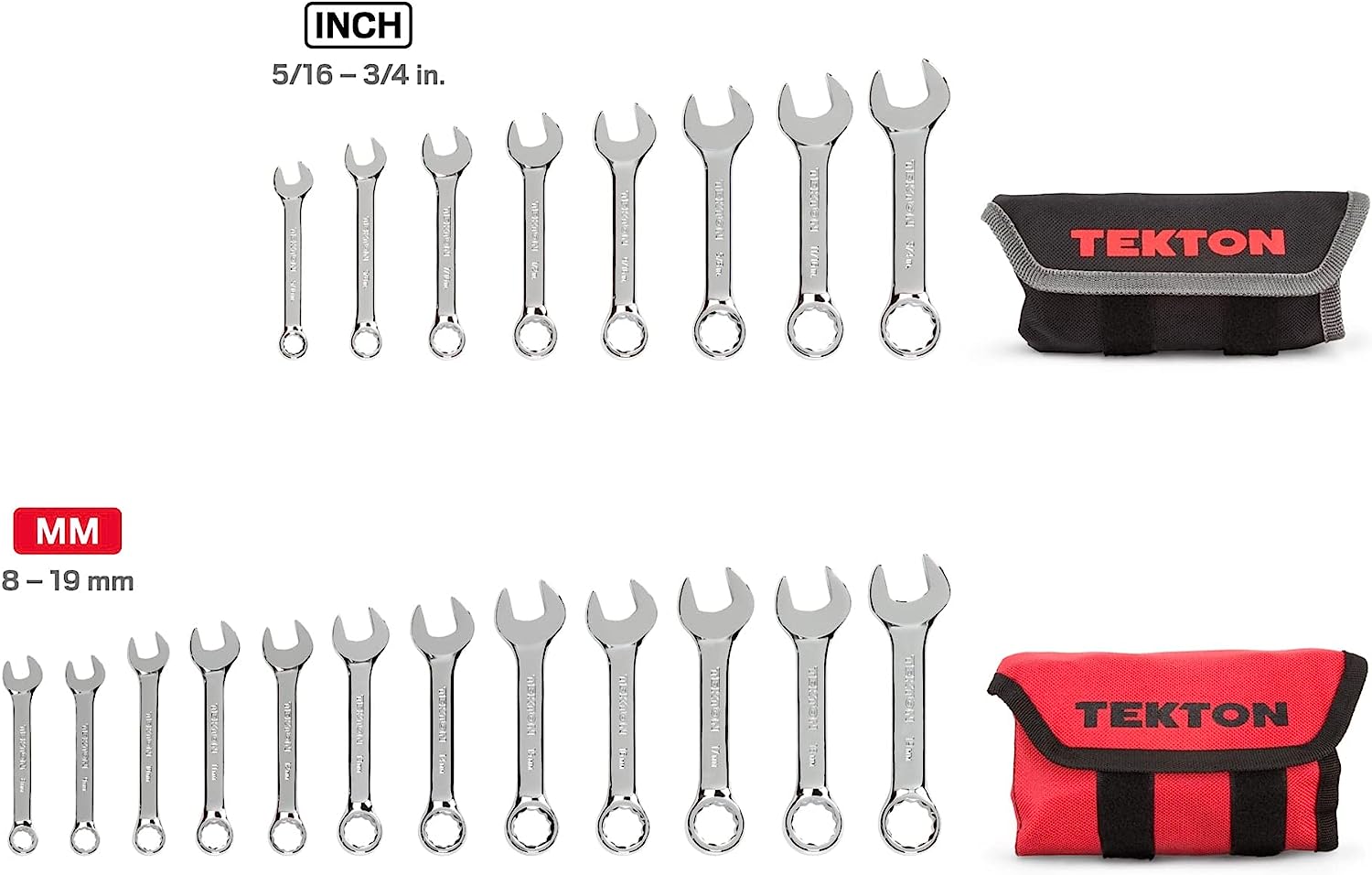 TEKTON Stubby Combination Wrench Set. 20-Piece (5/16-3/4 in.. 8-19 mm) - Pouch | WCB94601