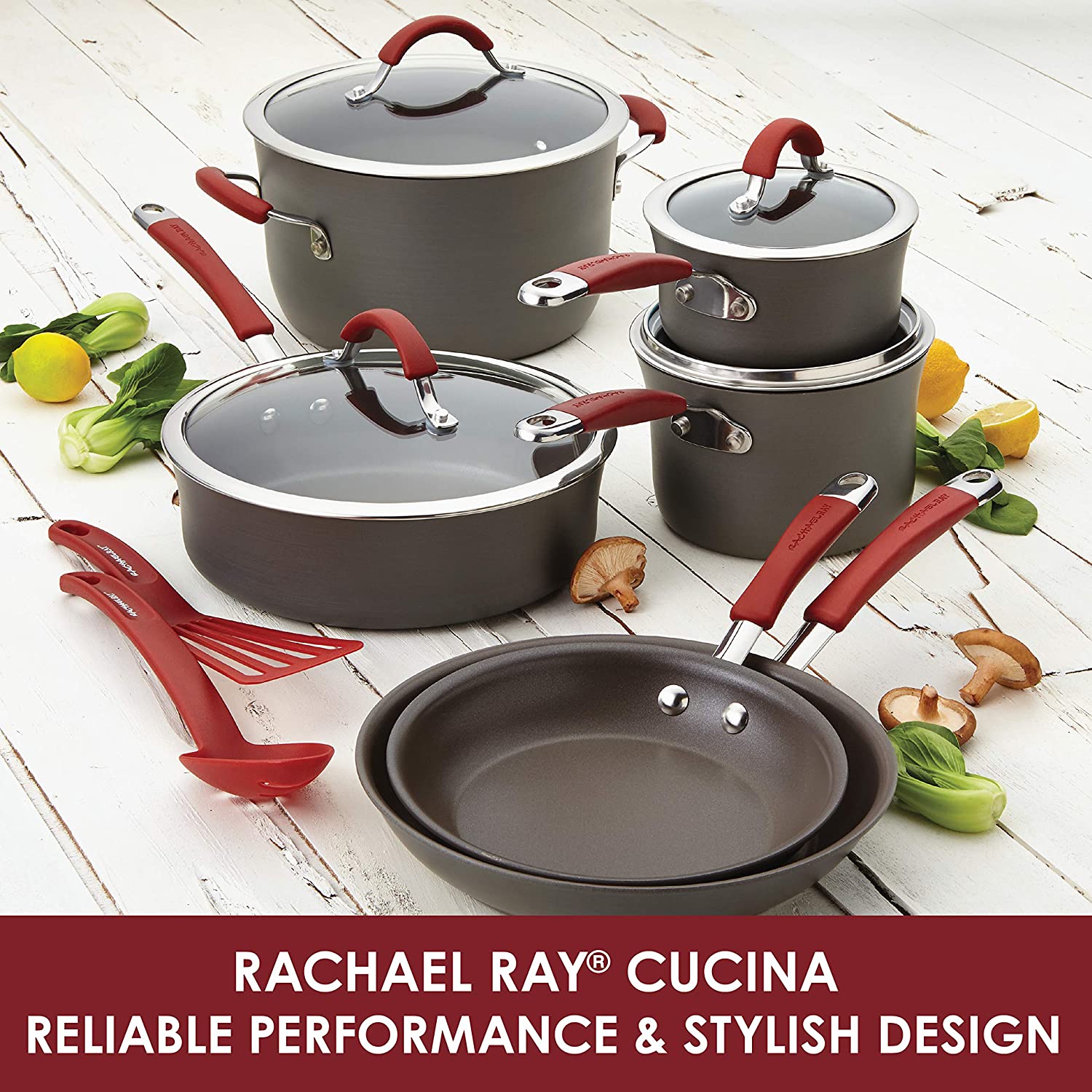 Rachael Ray 87630 12pc Cucina Piece Hard-Anodized Cookware Set. Red