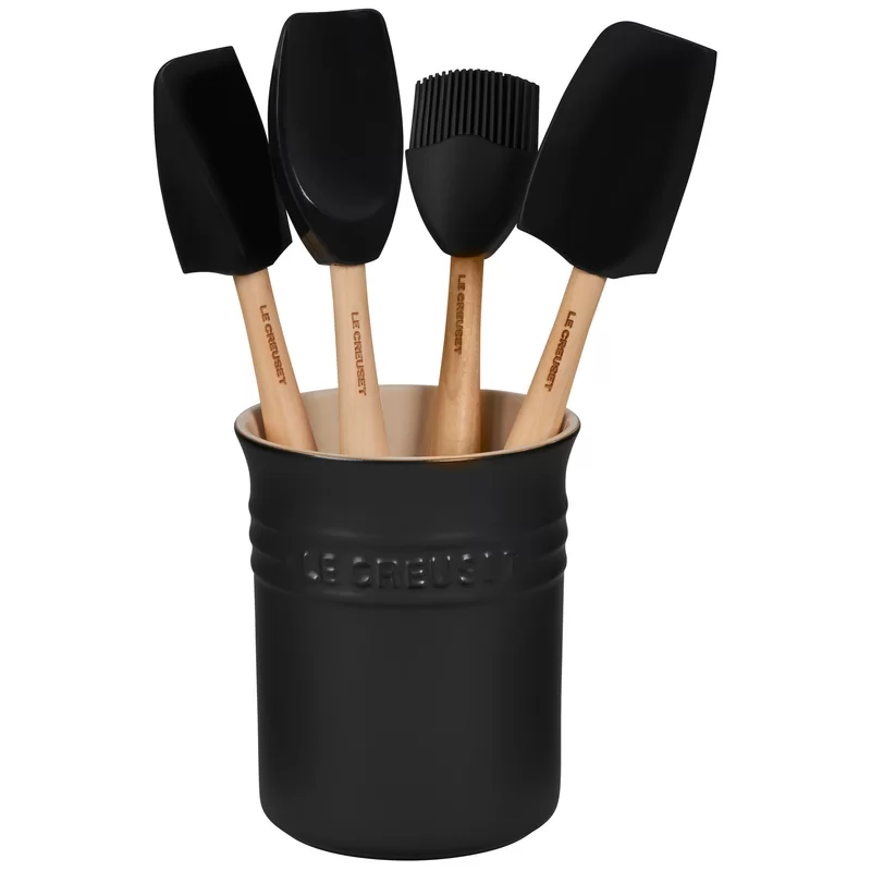 Le Creuset JS450-20 Silicone Craft Series Utensil Set with Stoneware Crock. 5 pc.. Licorice