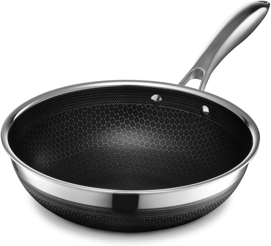 HexClad Hybrid Stainless Steel 10 Inch Wok Pan with Stay Cool Handle. Dishwasher and Oven Safe. Works with Induction. Ceramic. Non Stick. Electric. and Gas Cooktops