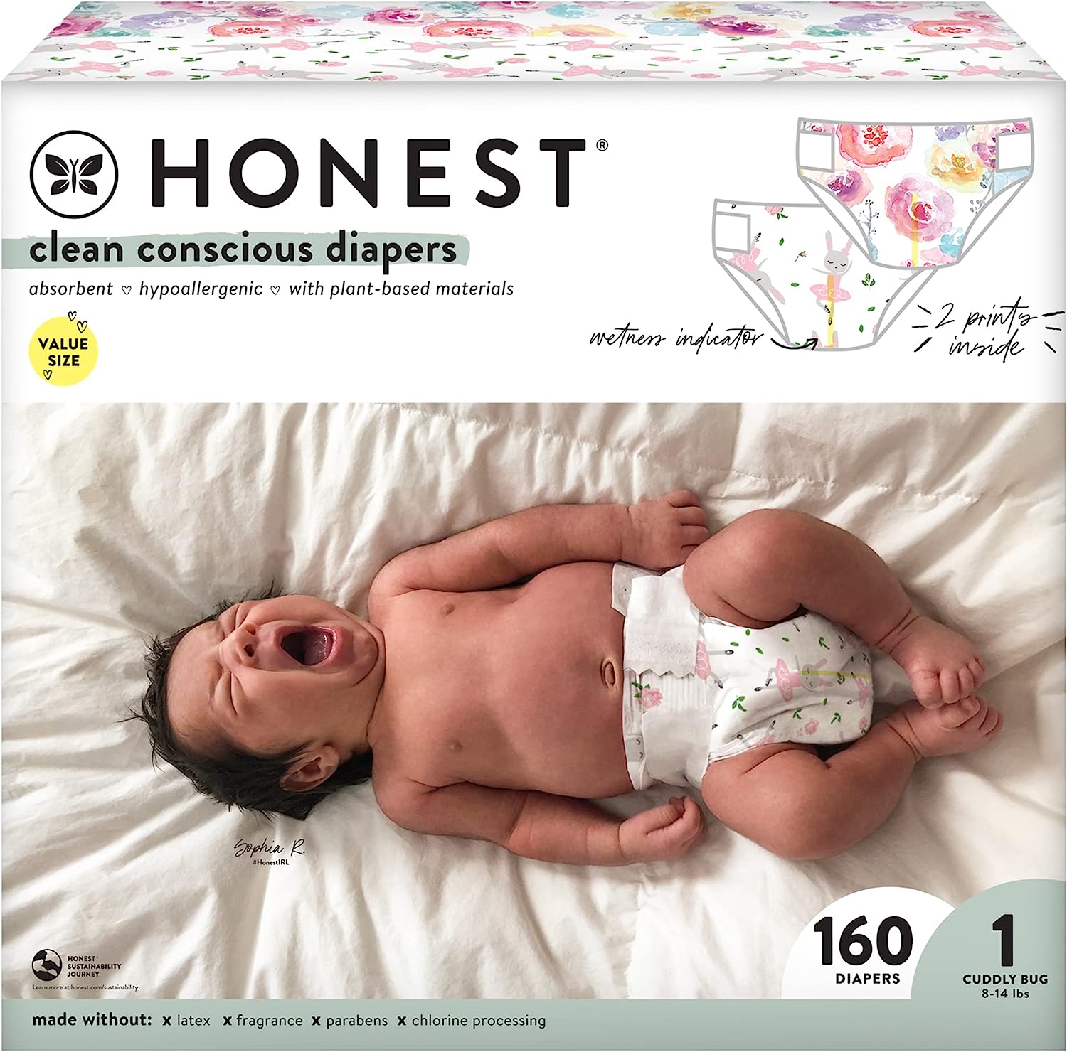 The Honest Company Clean Conscious Diapers | Plant-Based. Sustainable | Rose Blossom + Tutu Cute | Super Club Box. Size 1 (8-14 lbs). 160 Count