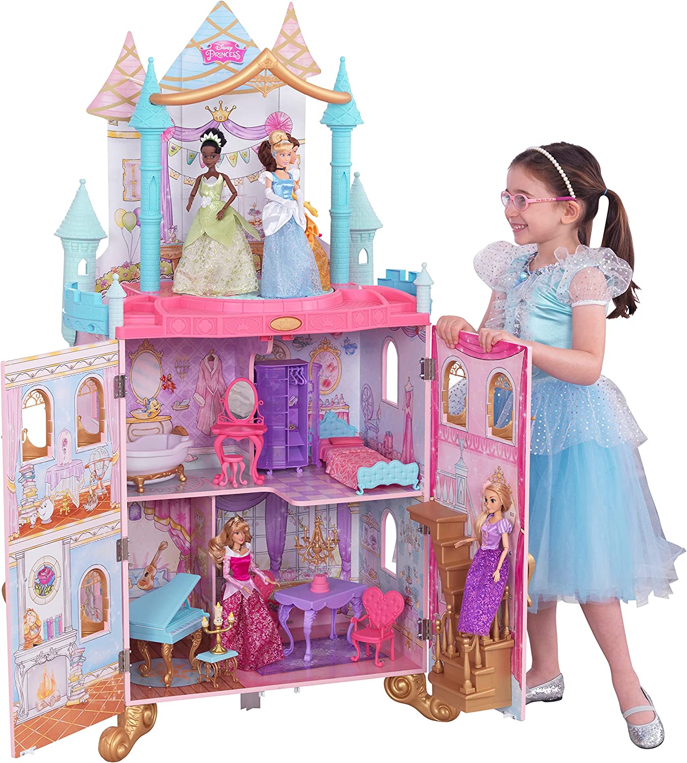 KidKraft Disney Princess Dance & Dream Wooden Dollhouse. Over 4-Feet Tall with Sounds. Spinning Dance Floor and 20 Play Pieces. Gift for Ages 3+ . Pink