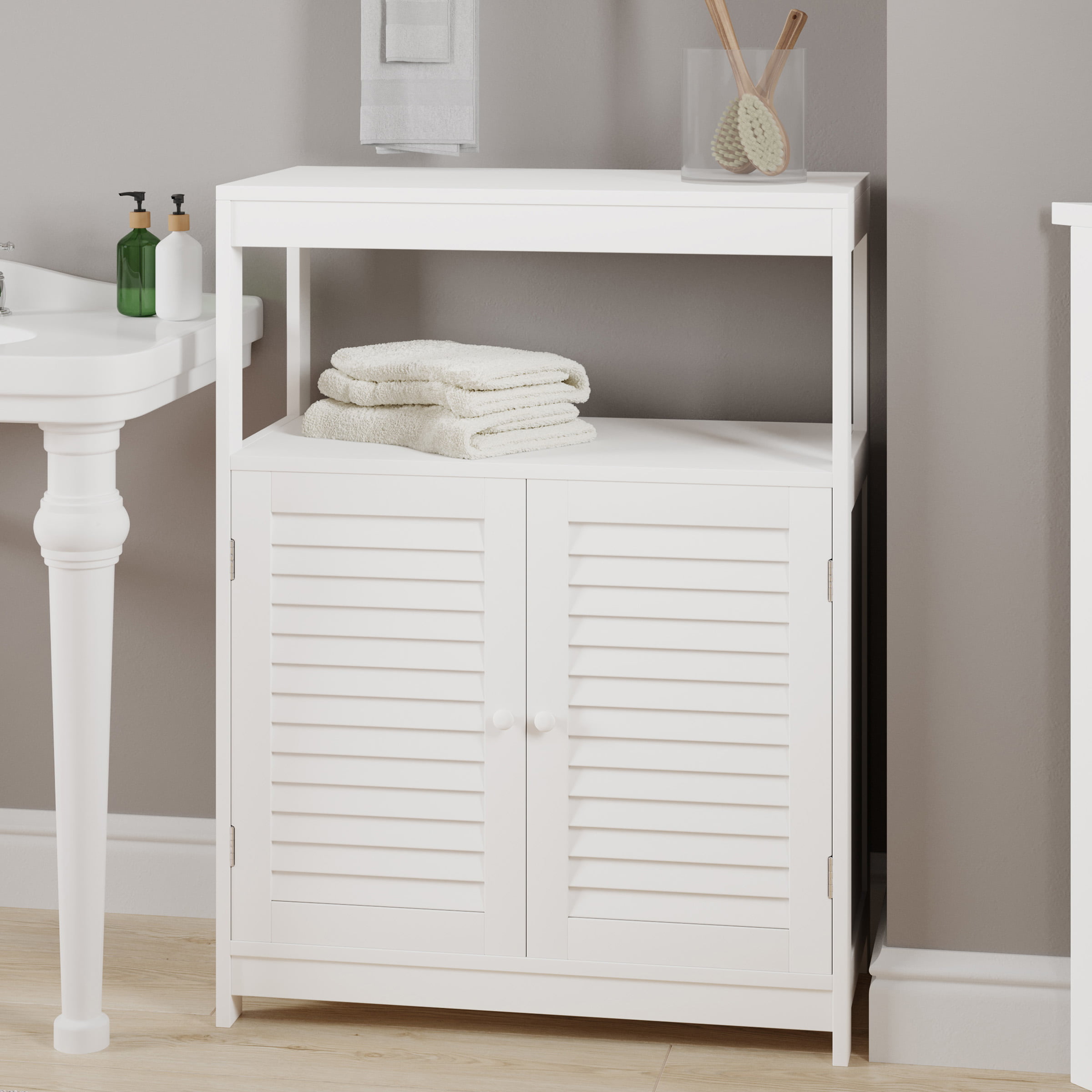 Lavish Home Freestanding Storage Cabinet with Double Doors and Open Shelf. White