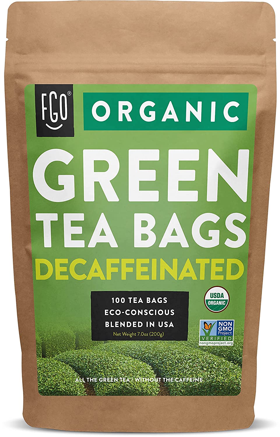 FGO Organic Green Tea Bags (Decaf) 100 Tea Bags Eco-Conscious Tea Bags in Kraft Bag Raw from China