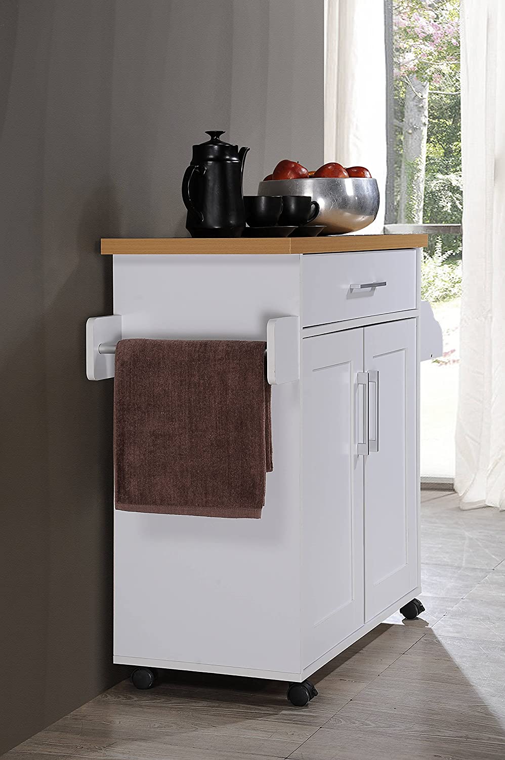 Hodedah Kitchen Island with Spice Rack. Towel Rack & Drawer. White with Beech Top. 15.5 x 35.5-44.9 x 35.2 inches