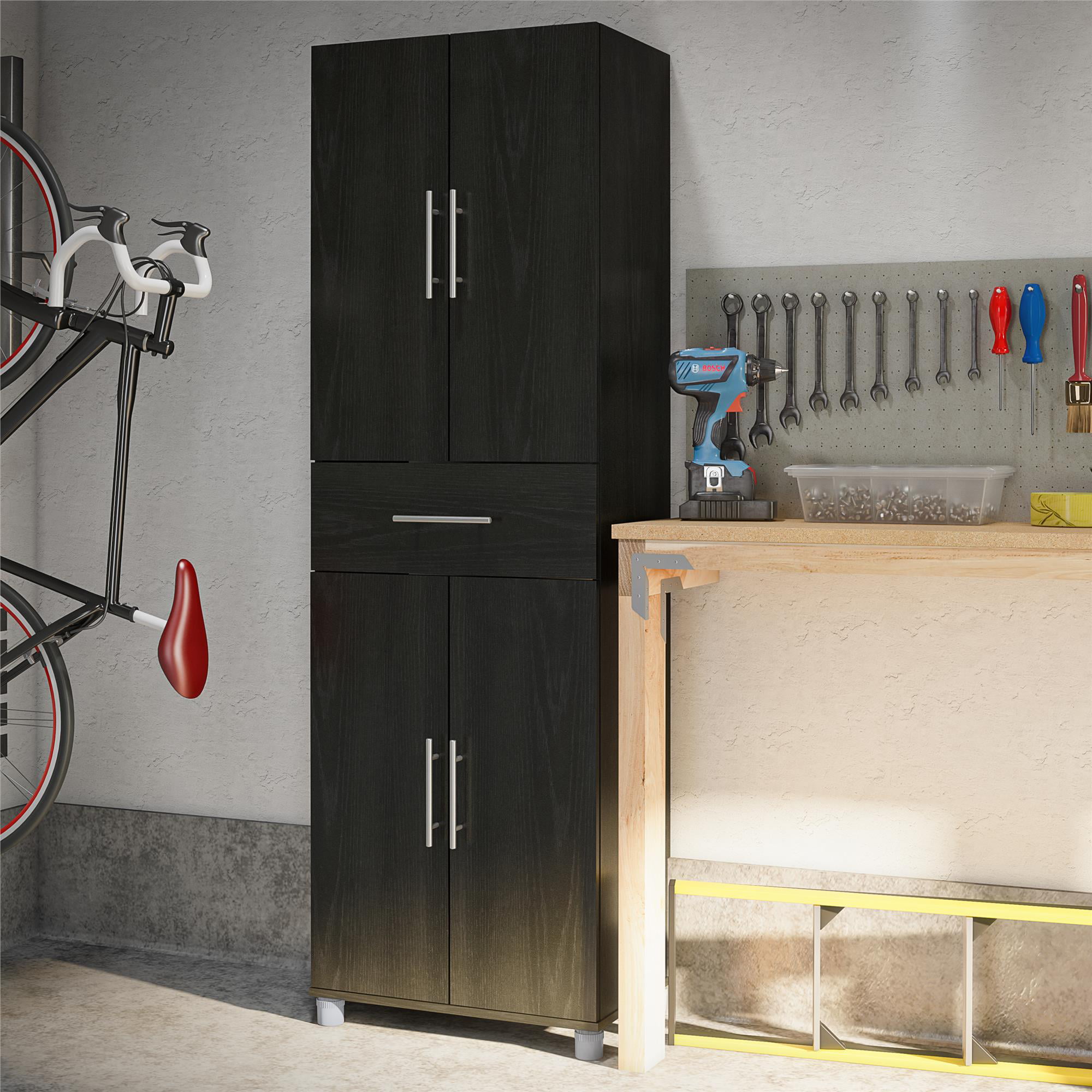 Systembuild Westford 4 Door/1 Drawer Storage Cabinet. Black Oak