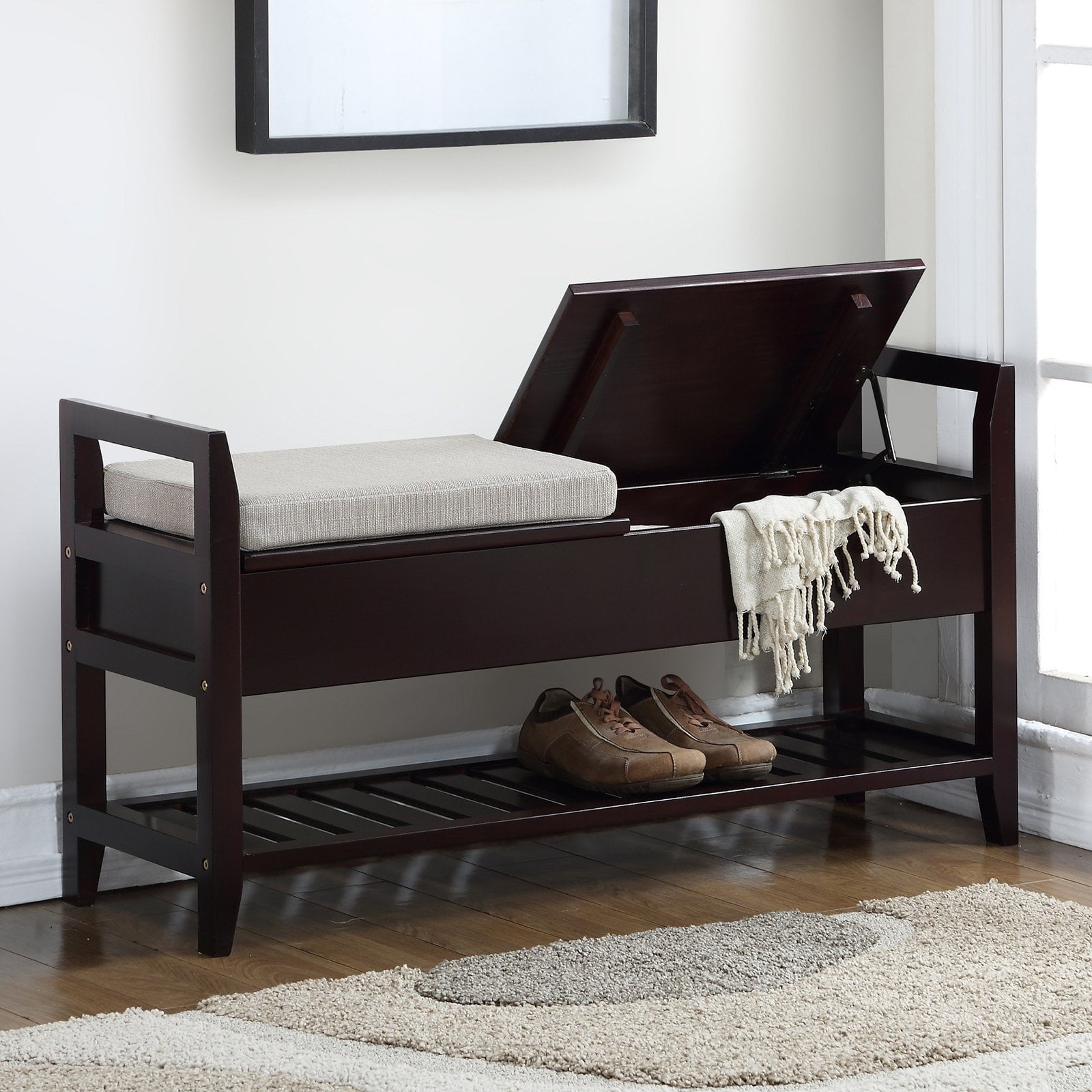 Roundhill Furniture Vannes Storage & Upholstered Bench. Espresso