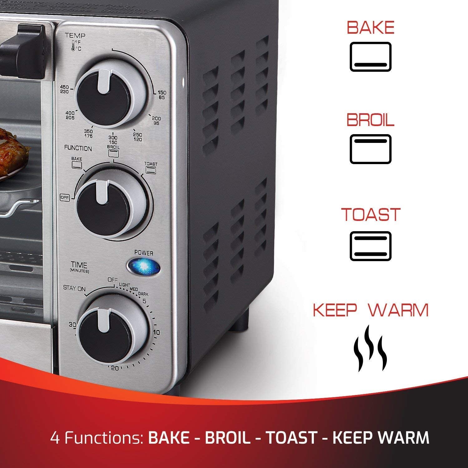 Mueller Austria Toaster Oven 4 Slice. Multi-function Stainless Steel Finish with Timer - Toast - Bake - Broil Settings. Natural Convection - 1100 Watts of Power. Includes Baking Pan and Rack