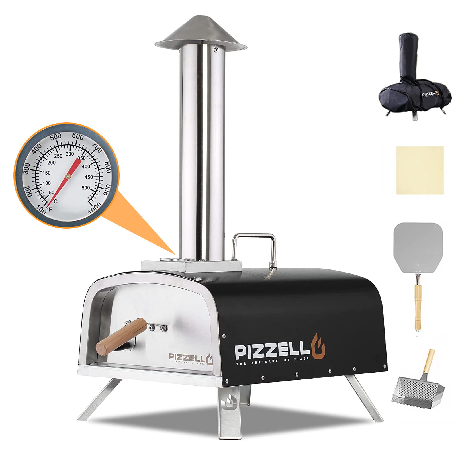 PIZZELLO Pellet Pizza Oven 12″ Outdoor Wood Fired Pizza Ovens with Pizza Stone. Pizza Peel. Fold-up Legs. Cover. Thermometer. Chimney - Black