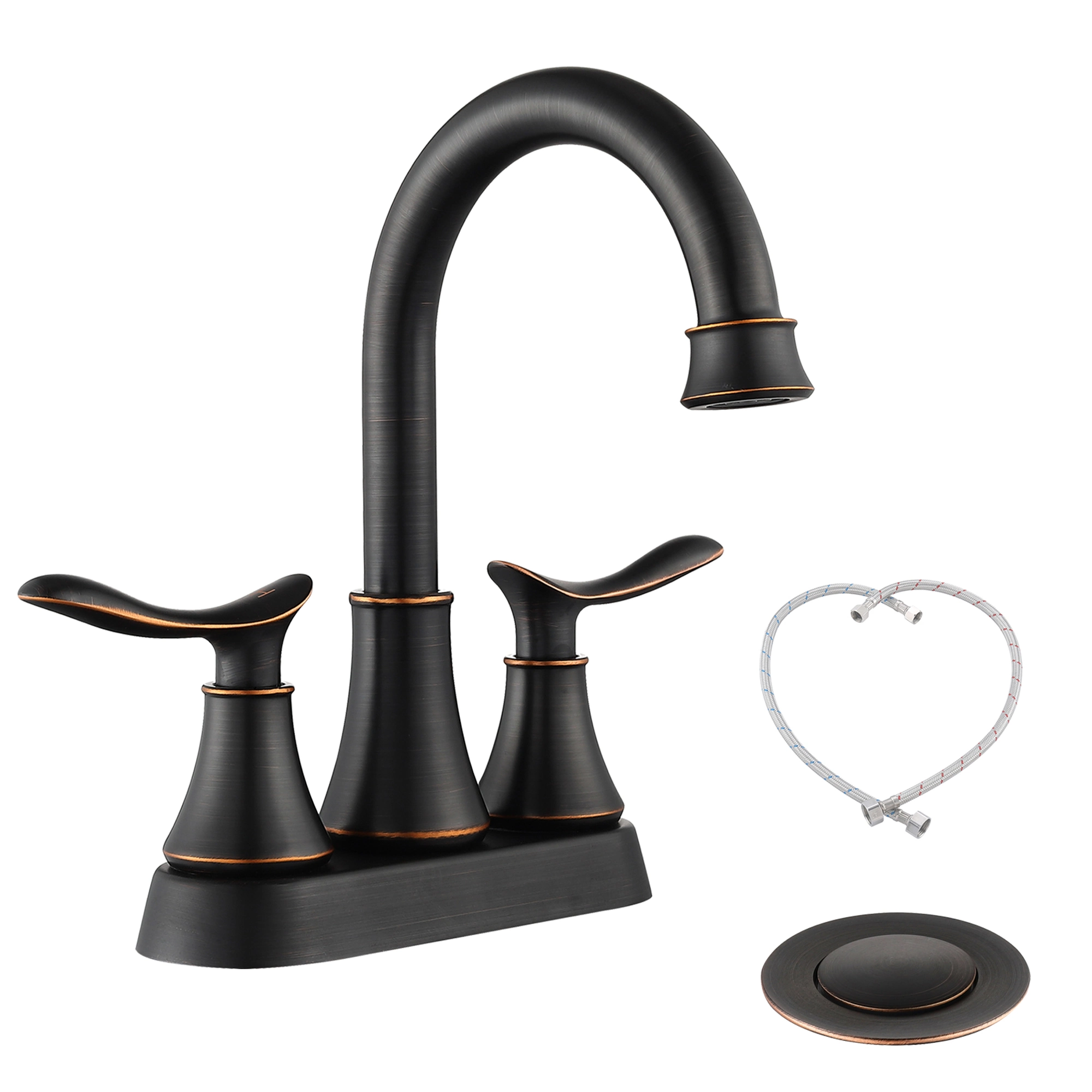 DISCOUNTTODAY 2-Handle 4-Inch Oil Rubbed Bronze Bathroom Faucet. Bathroom Vanity Sink Faucets with Pop-up Drain and Supply Hoses 14.1×7.2×4 inches