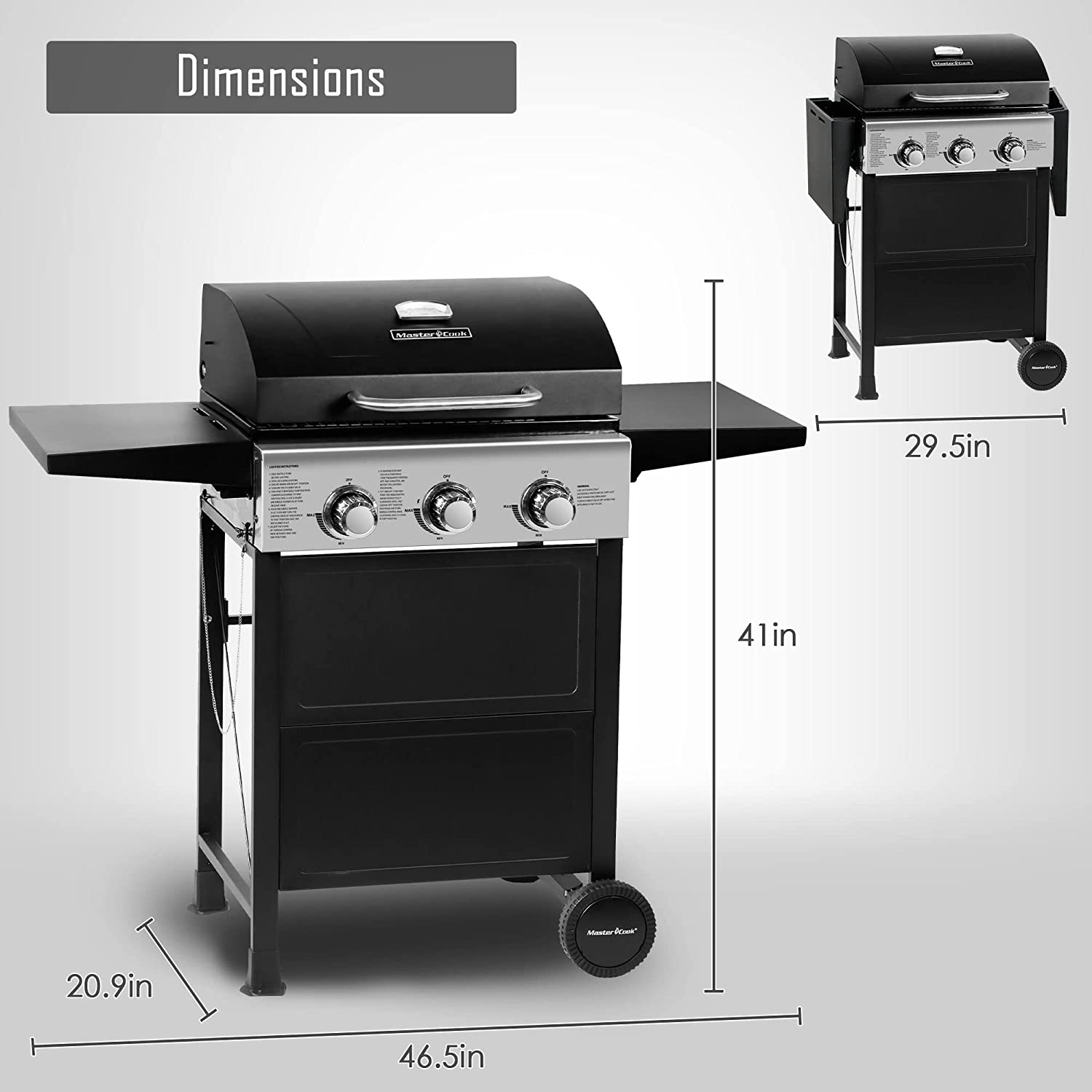 MASTER COOK 3 Burner BBQ Propane Gas Grill. Stainless Steel 30.000 BTU Patio Garden Barbecue Grill with Two Foldable Shelves