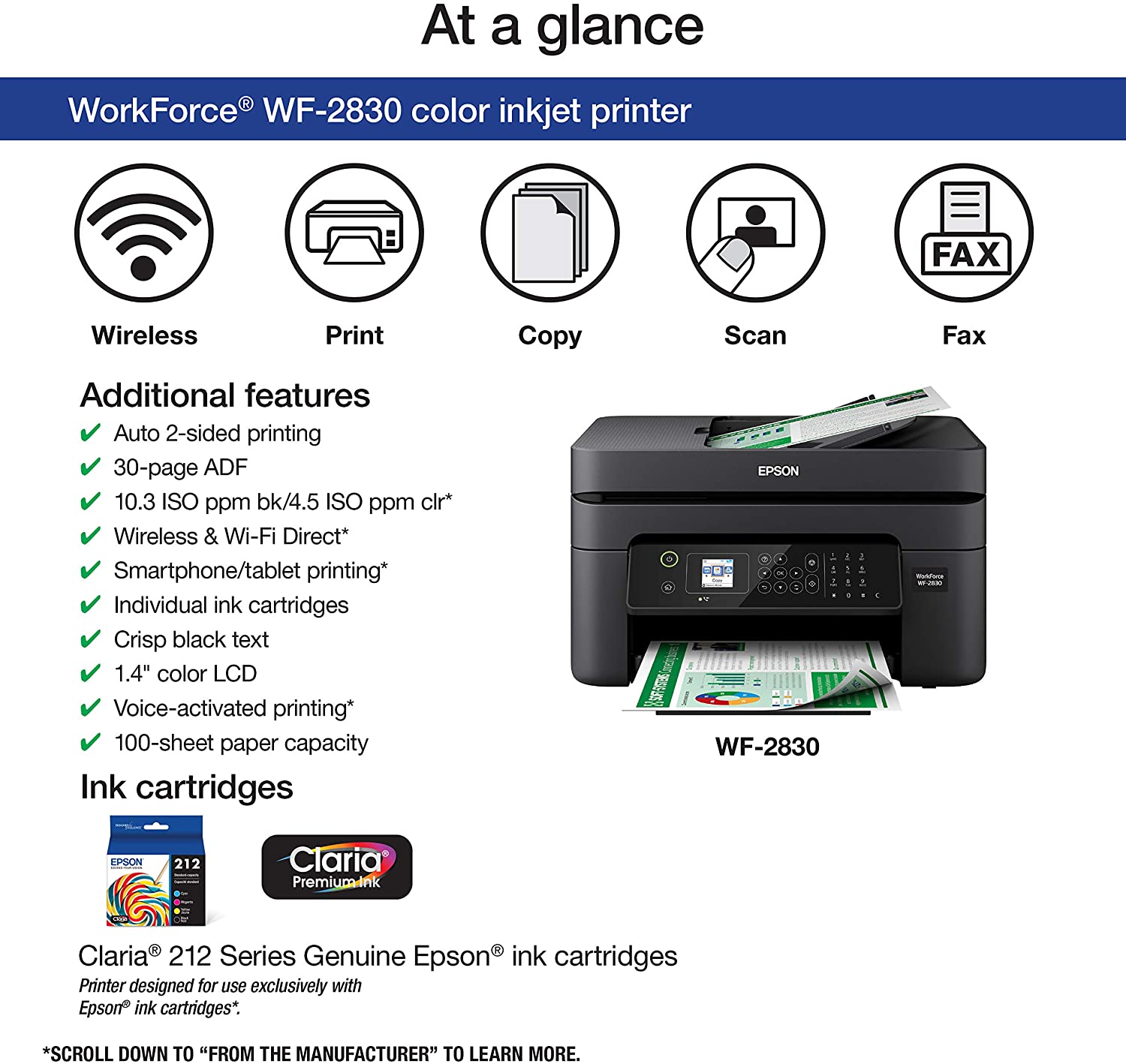 Epson Workforce WF-2830 All-in-One Wireless Color Printer with Scanner. Copier and Fax