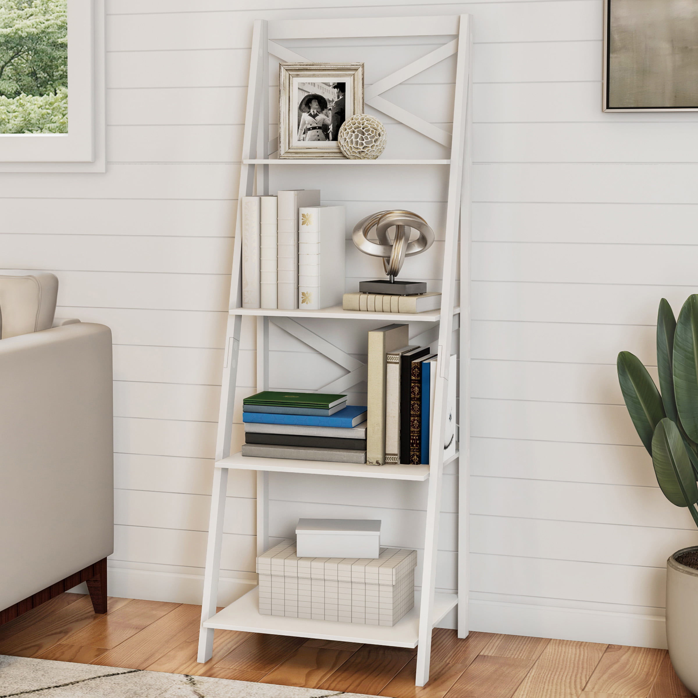 Lavish Home 4-Tier Freestanding Ladder Bookshelf with X-Back Frame. White