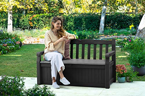 Keter Solana 70 Gallon Storage Bench Deck Box for Patio Furniture. Front Porch Decor and Outdoor Seating – Perfect to Store Garden Tools and Pool Toys. Grey