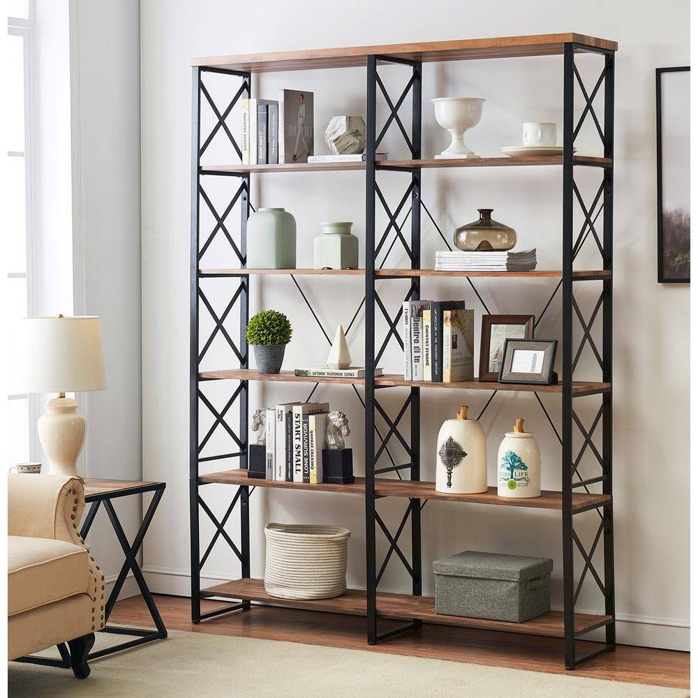 KINWELL 80 in. Brown Vintage Wood 6-Shelf Etagere Bookcase with Black Metal Frame