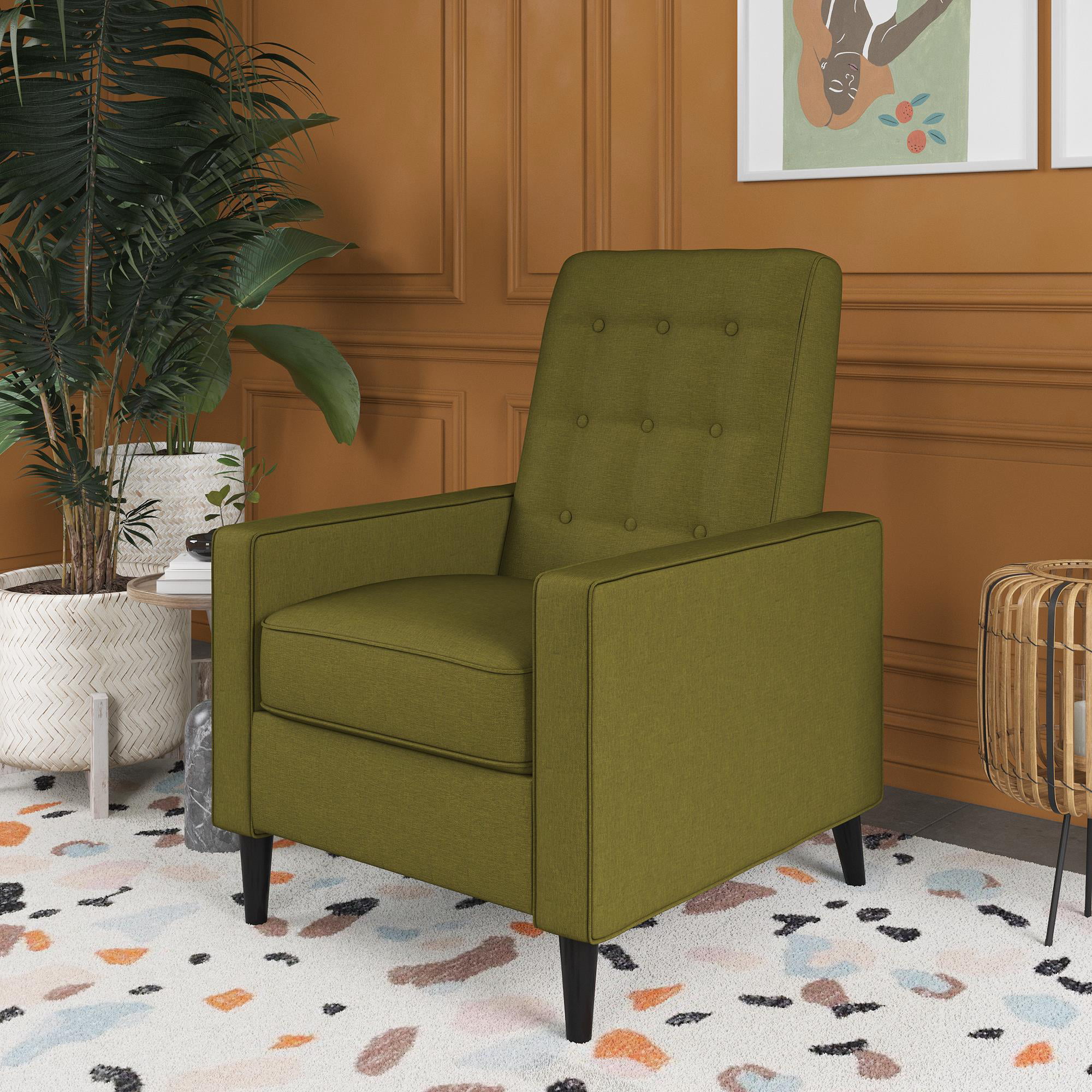 Queer Eye Wimberly Pushback Recliner. Mid-Century Modern Accent Chair. Olive Green Linen