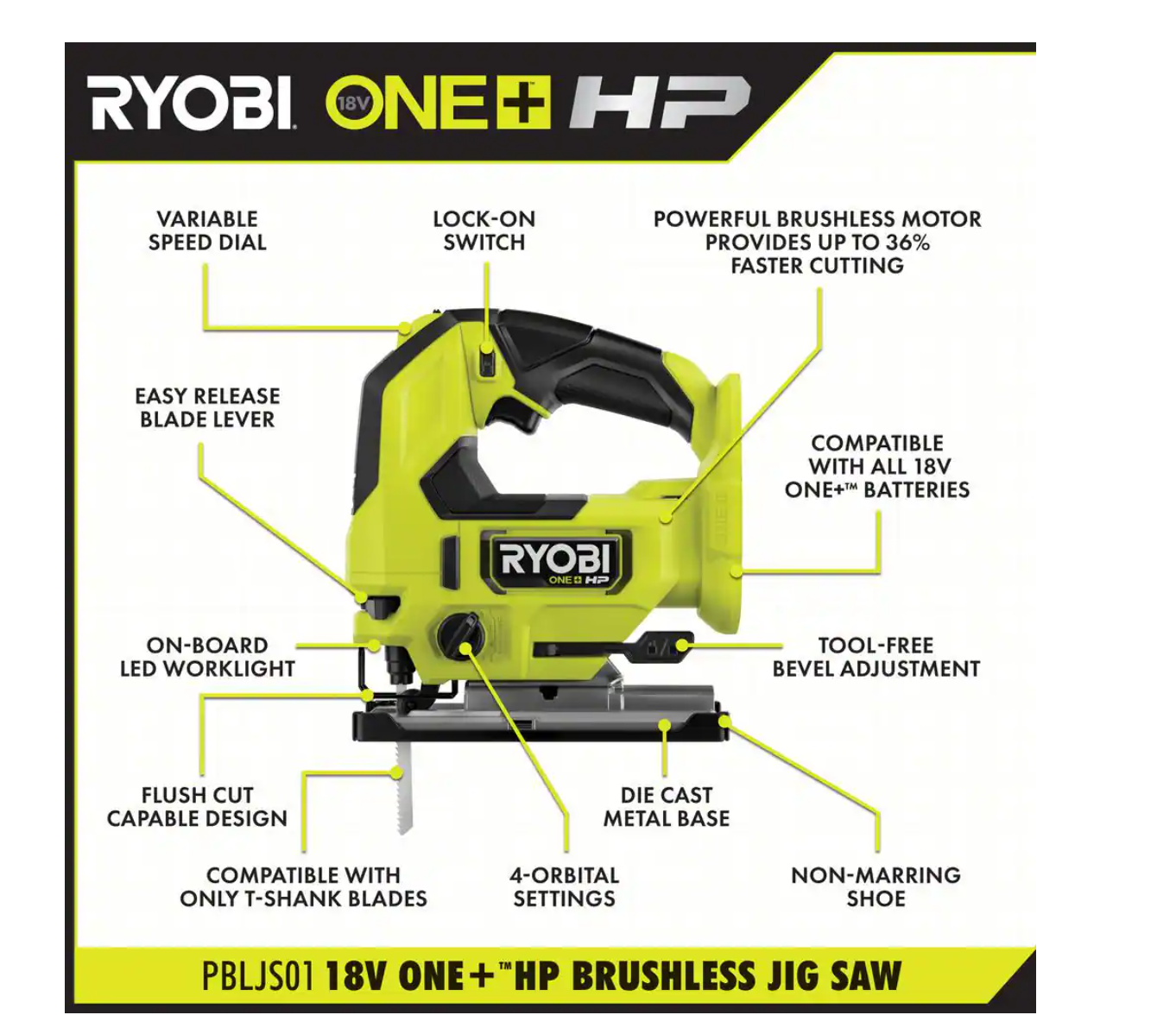 RYOBI PBLJS01B ONE+ HP 18V Brushless Cordless Jig Saw (Tool Only)