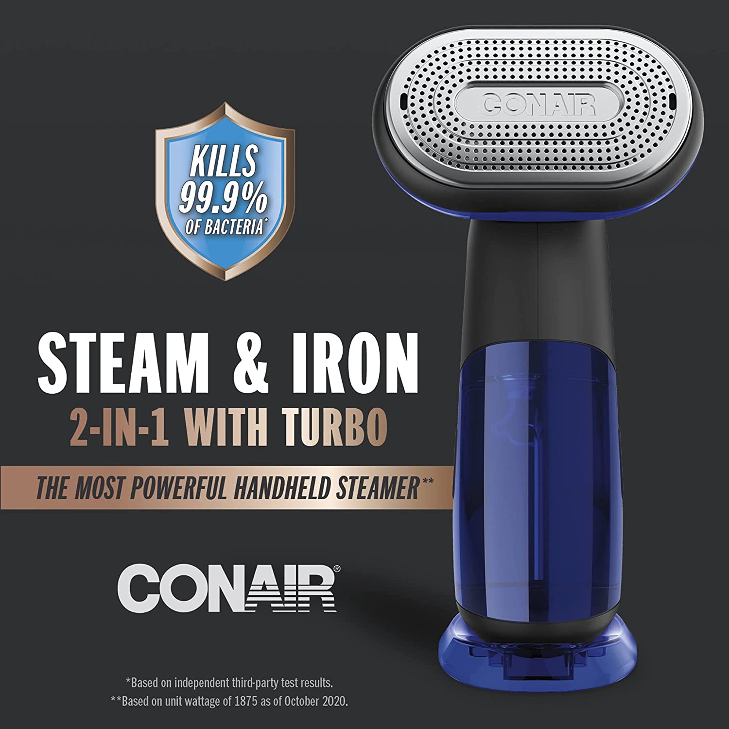 Conair 2-in-1 Steamer and Iron for Clothes. Turbo ExtremeSteam Handheld Fabric Steamer. Black/Blue