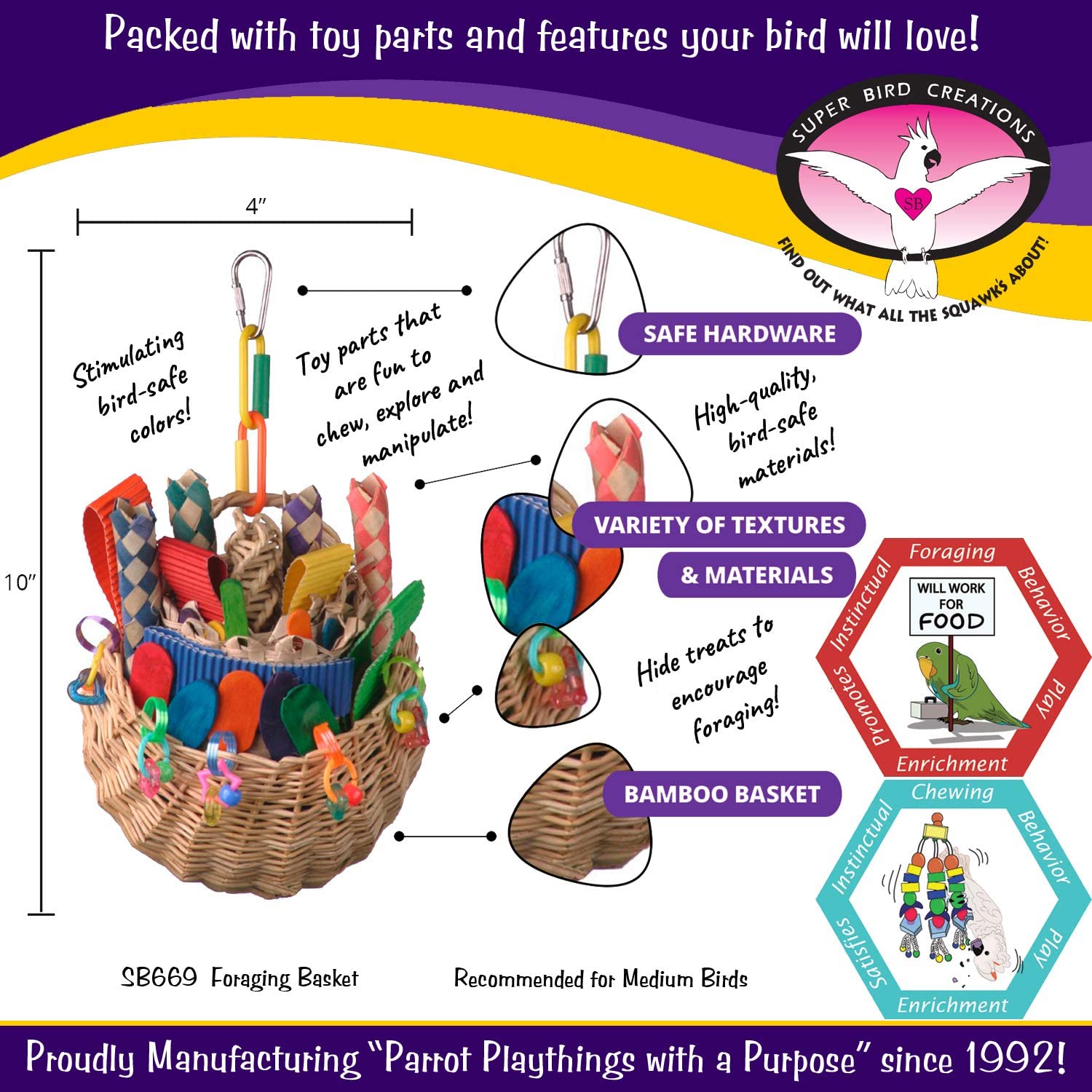 Super Bird Creations SB669 Wicker Foraging Basket Bird Toy. Medium Bird Size. 10 x 4 x 5