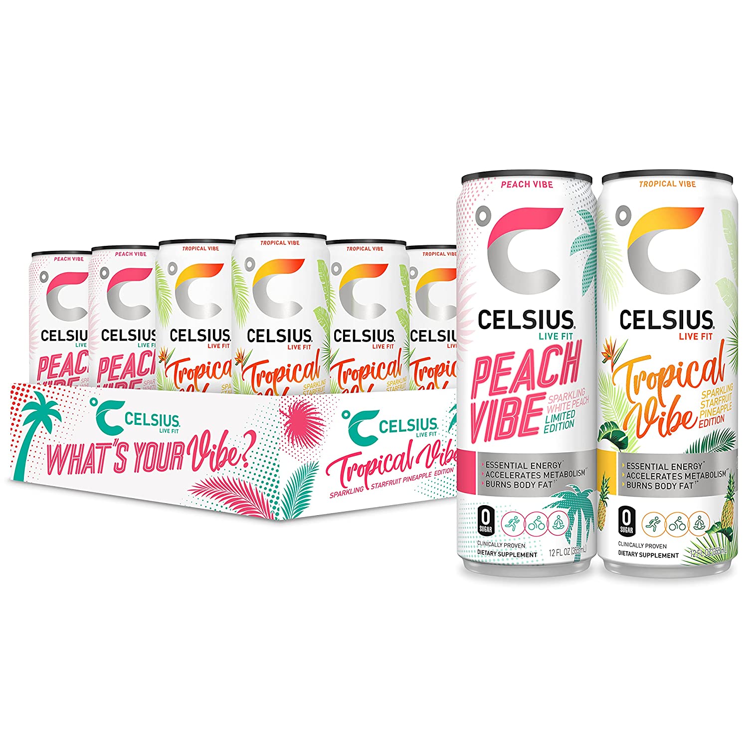 CELSIUS Essential Energy Drink. 12 Fl Oz. What-s Your Vibe Variety Pack (Pack of 12)