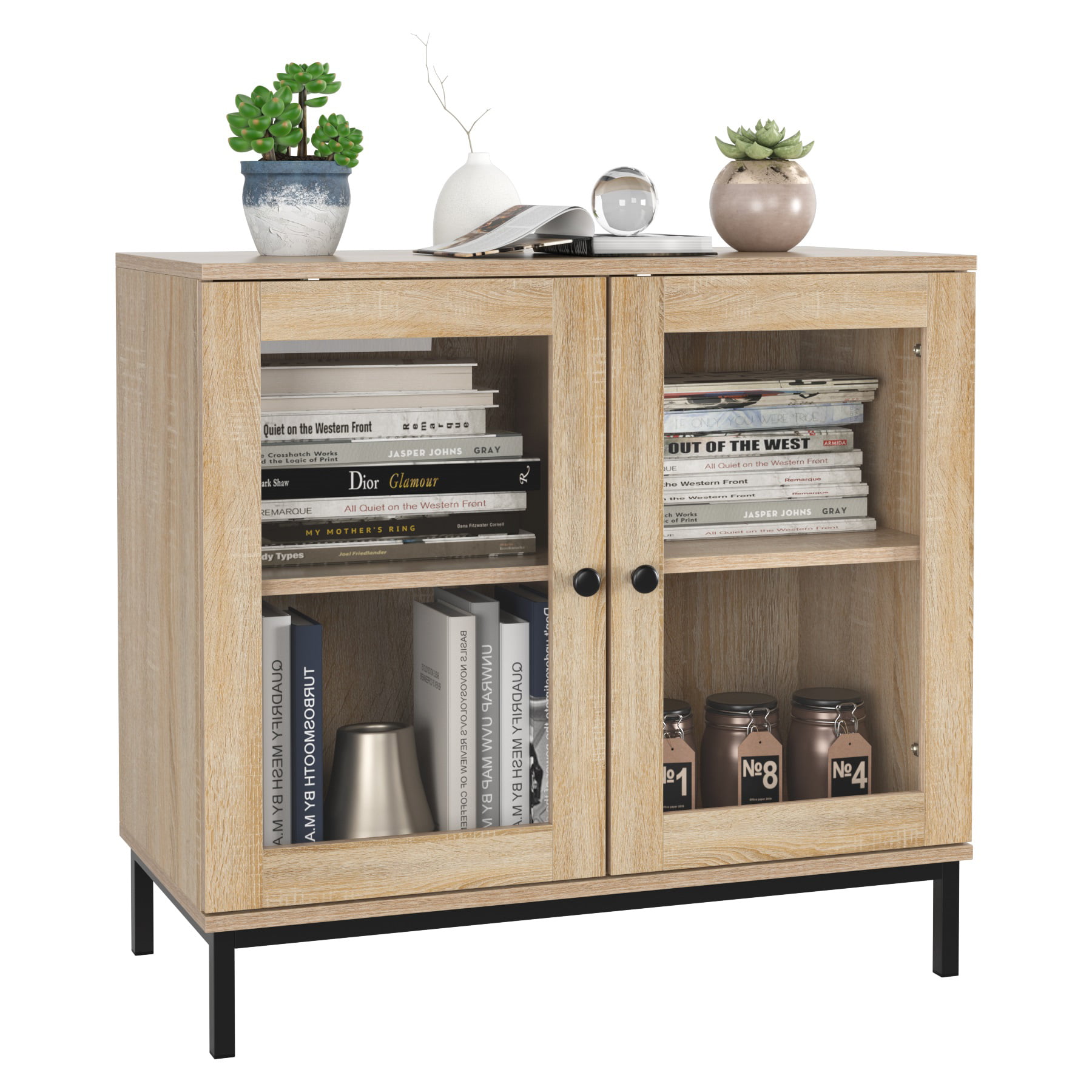 Homfa Wide Accent Cabinet with Glass Doors. Adjustable Shelves Display Cabinet with Metal Base. Oak