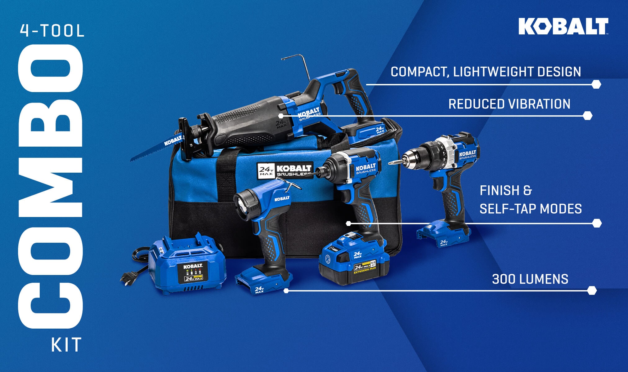 Kobalt 4-Tool 24-volt Max Brushless Power Tool Combo Kit with Soft Case (1 Li-ion Battery Included and Charger Included)