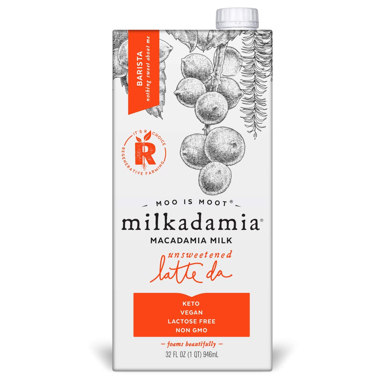 Milkadamia Macadamia Milk. Unsweetened Latte Da Barista Blend. 32 Fl Oz. 6 Count
