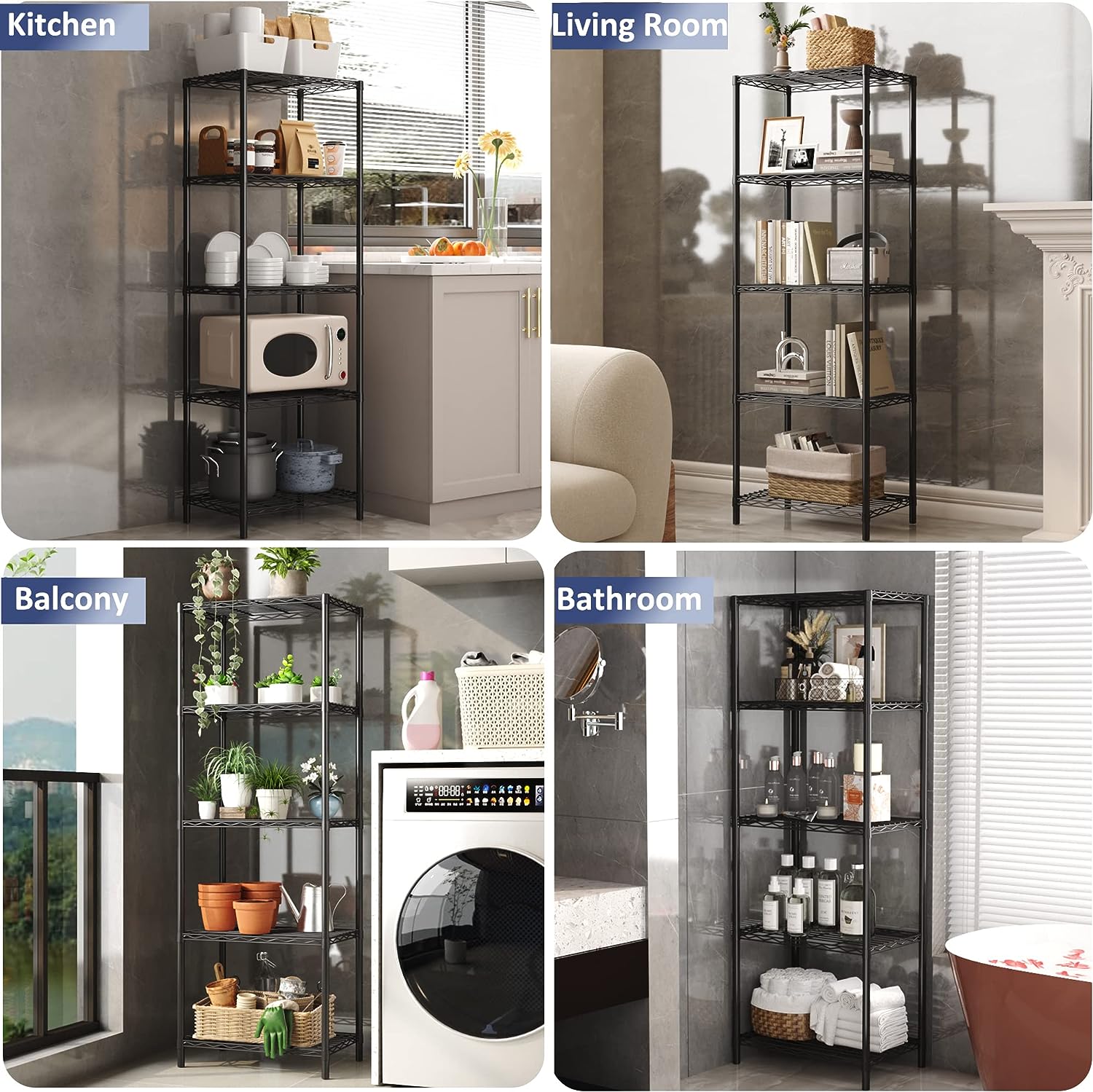 JEROAL 5-Tier Wire Shelving Unit. Multipurpose Standing Storage Shelves Metal Display Rack for Pantry Laundry Bathroom Kitchen Garage Closet Organization.350LbS Capacity.13.8″ D×21″ W×61″ H.Black