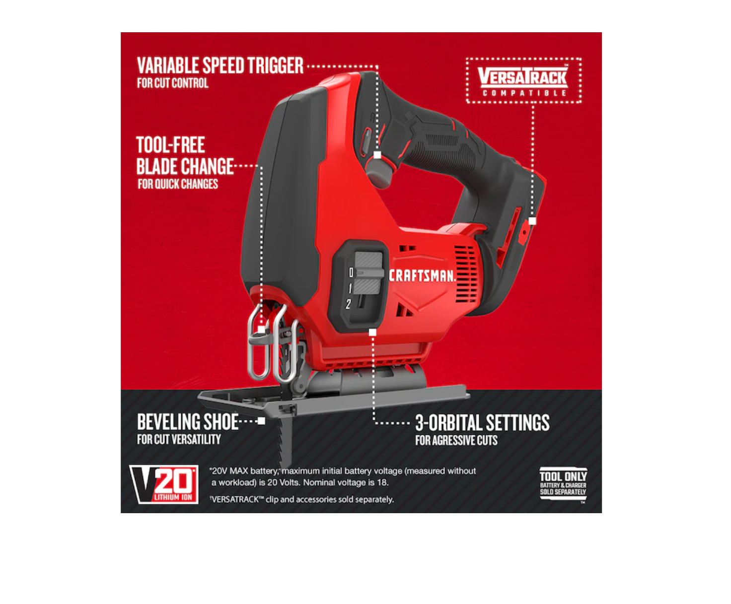 CRAFTSMAN CMCS600B V20 20-Volt Max Variable Speed Keyless Cordless Jigsaw (Battery Not Included)
