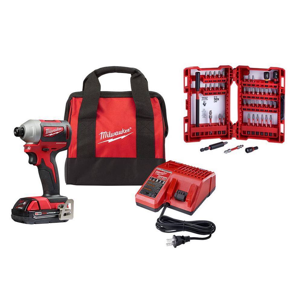 Milwaukee 2850-21P-48-32-4023 M18 18V Lithium-Ion Compact Brushless Cordless 1/4 in. Impact Driver Kit with SHOCKWAVEBit Set (45-Piece)