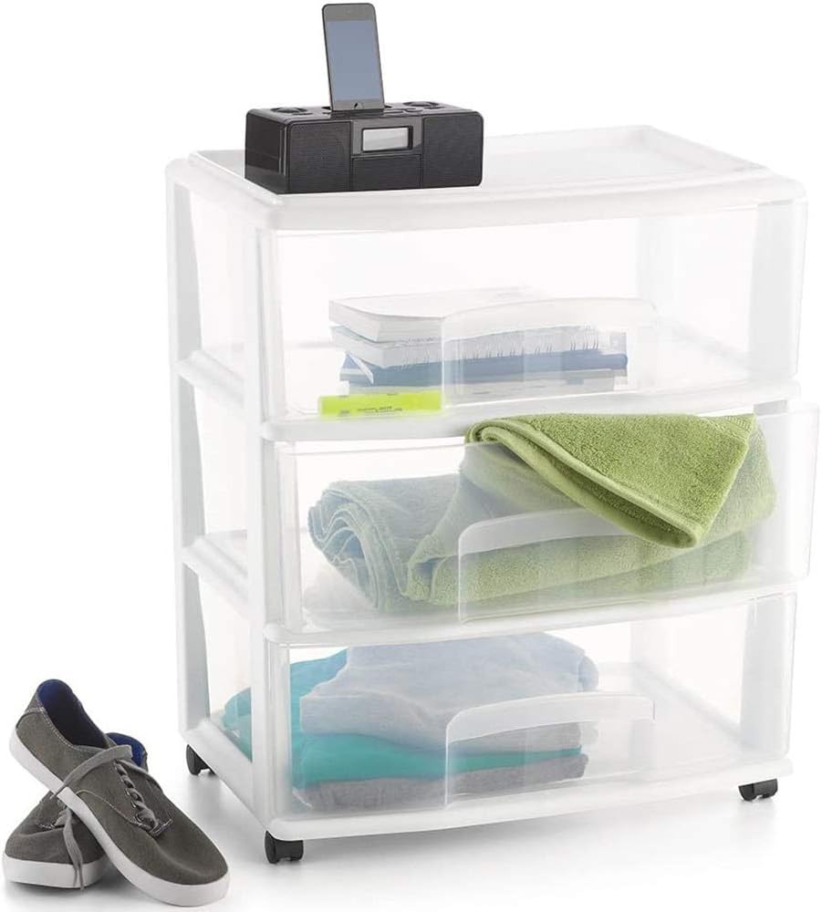 HOMZ Plastic 3 Drawer Wide Cart. White Frame. Clear Drawers. 4 Casters Included. Set of 1