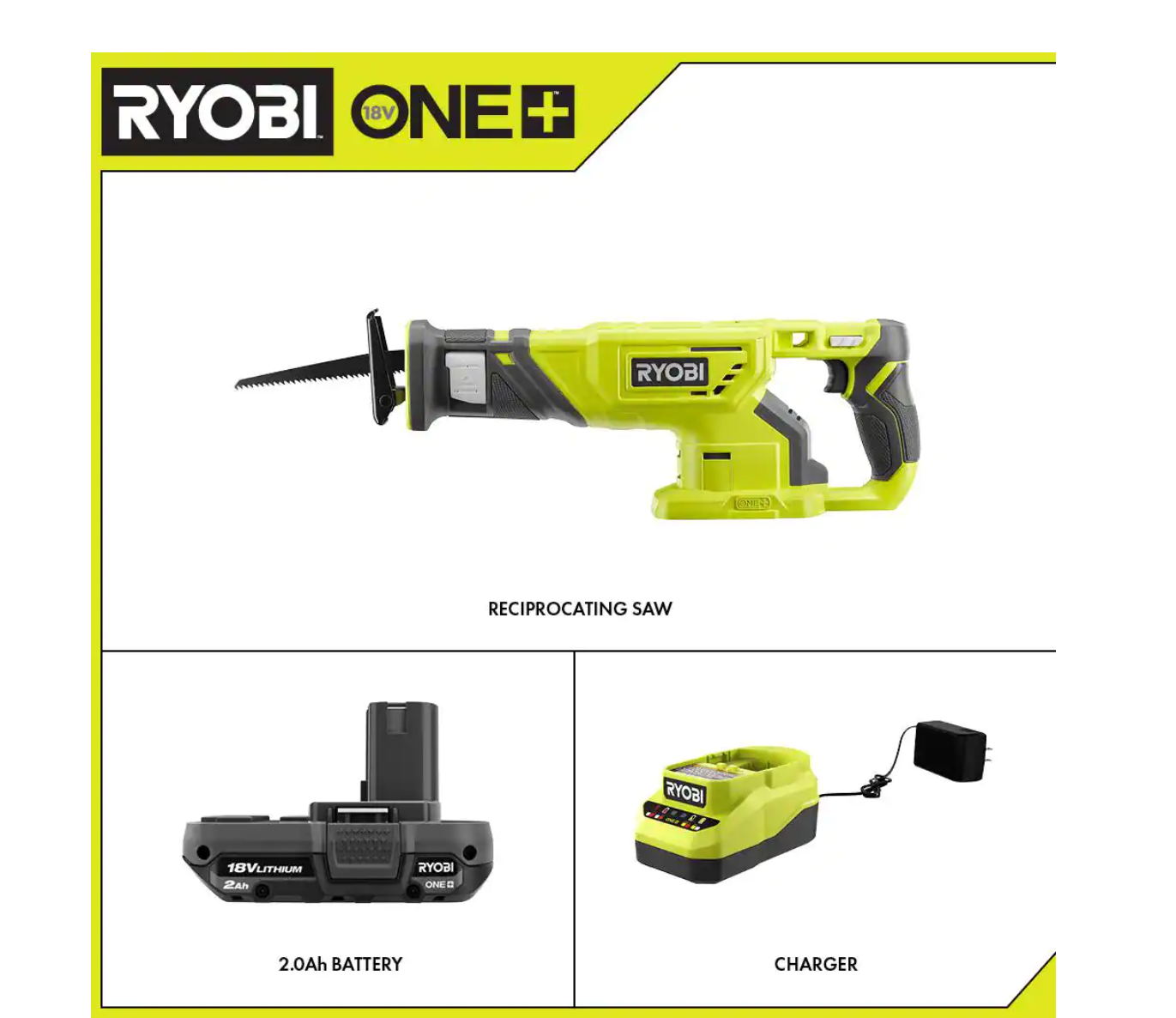RYOBI P519-PSK005 ONE+ 18V Cordless Reciprocating Saw with 2.0 Ah Battery and Charger