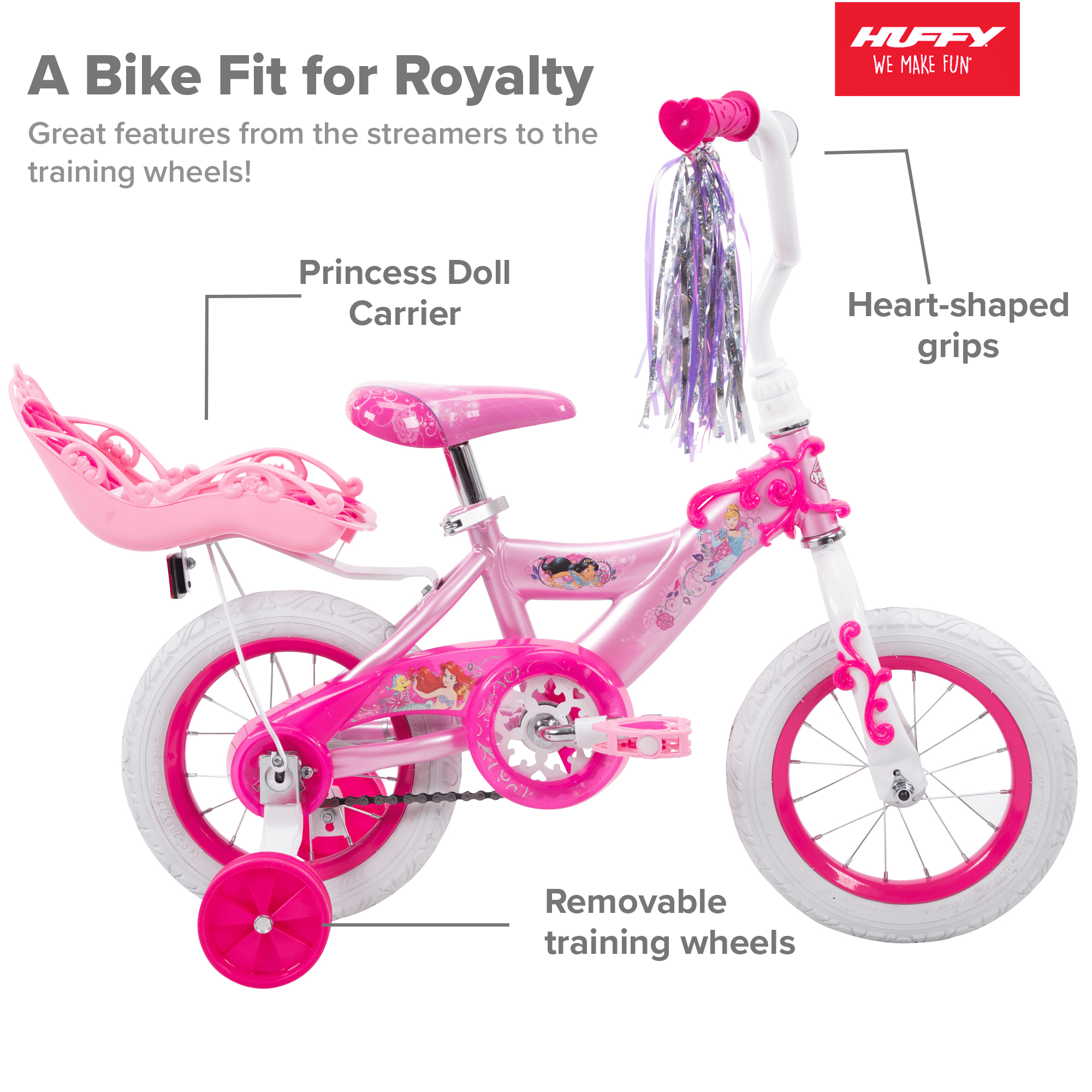 Huffy Disney Princess Girls- 12″ Bike with Doll Carrier
