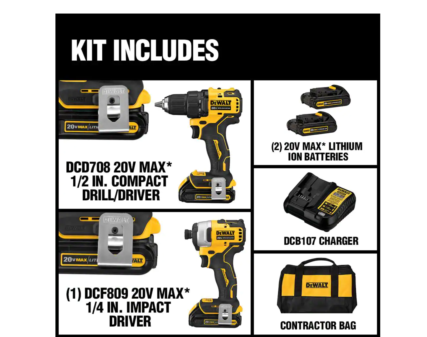 DEWALT DCK278C2 ATOMIC 20-Volt MAX Cordless Brushless Compact Drill/Impact Combo Kit (2-Tool) with (2) 1.3Ah Batteries. Charger & Bag